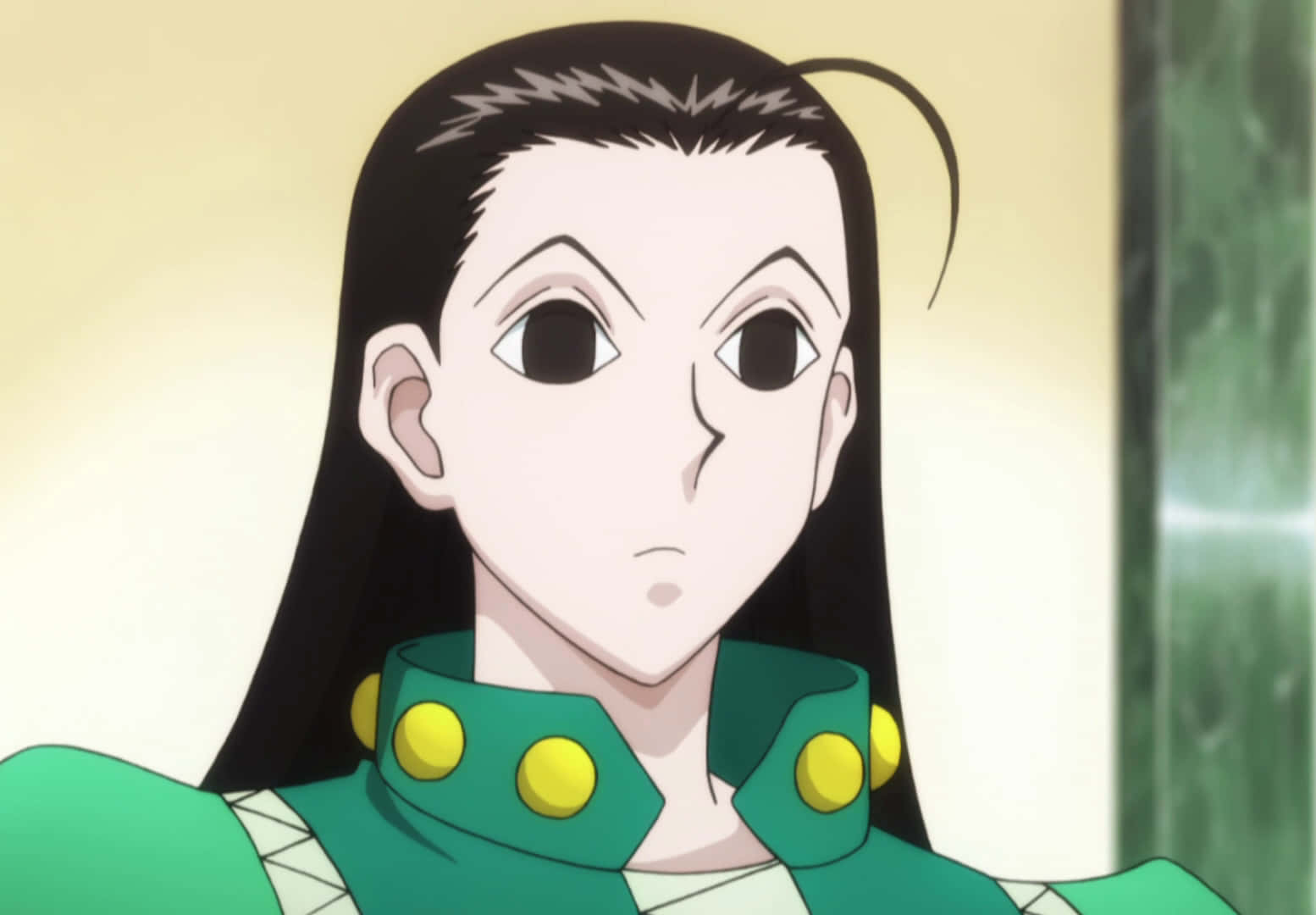 A Green Anime Character With Long Hair Background