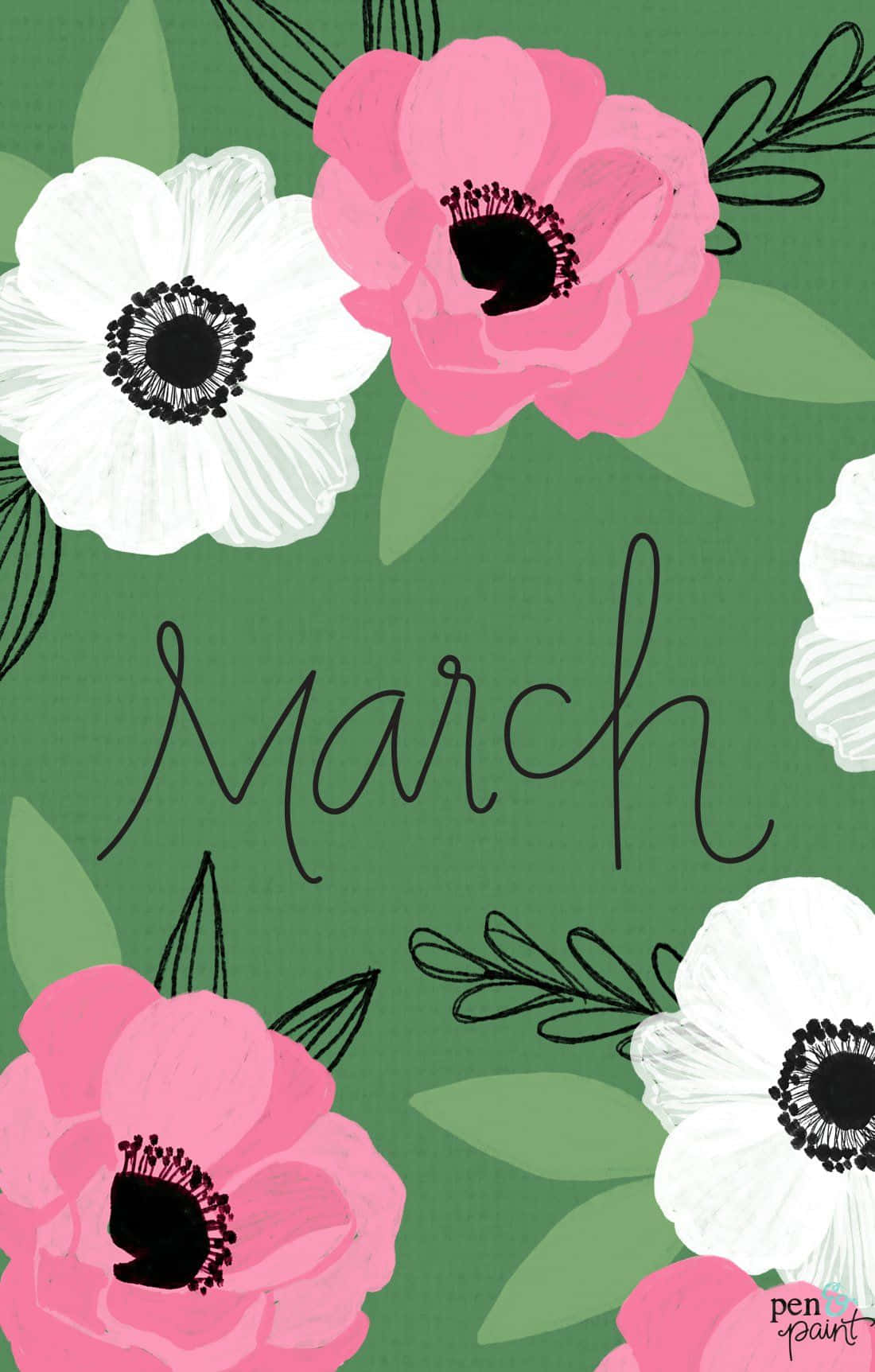 A Green Background With Pink Flowers And The Word March Background