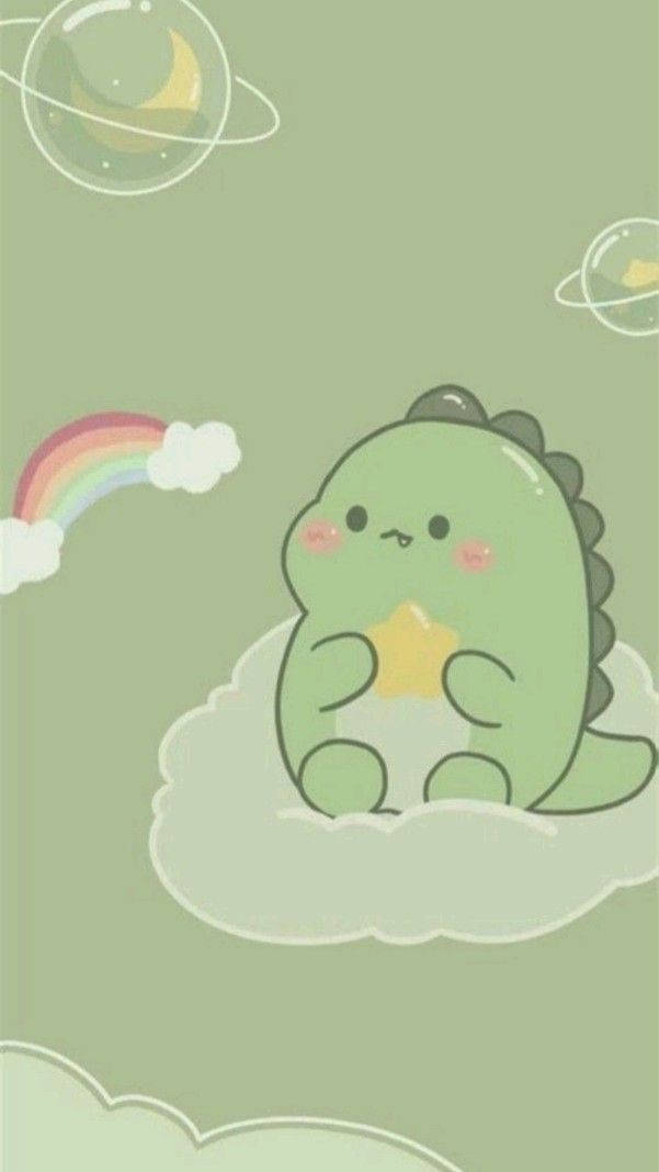 A Green Dinosaur Sitting On A Cloud With A Rainbow Background