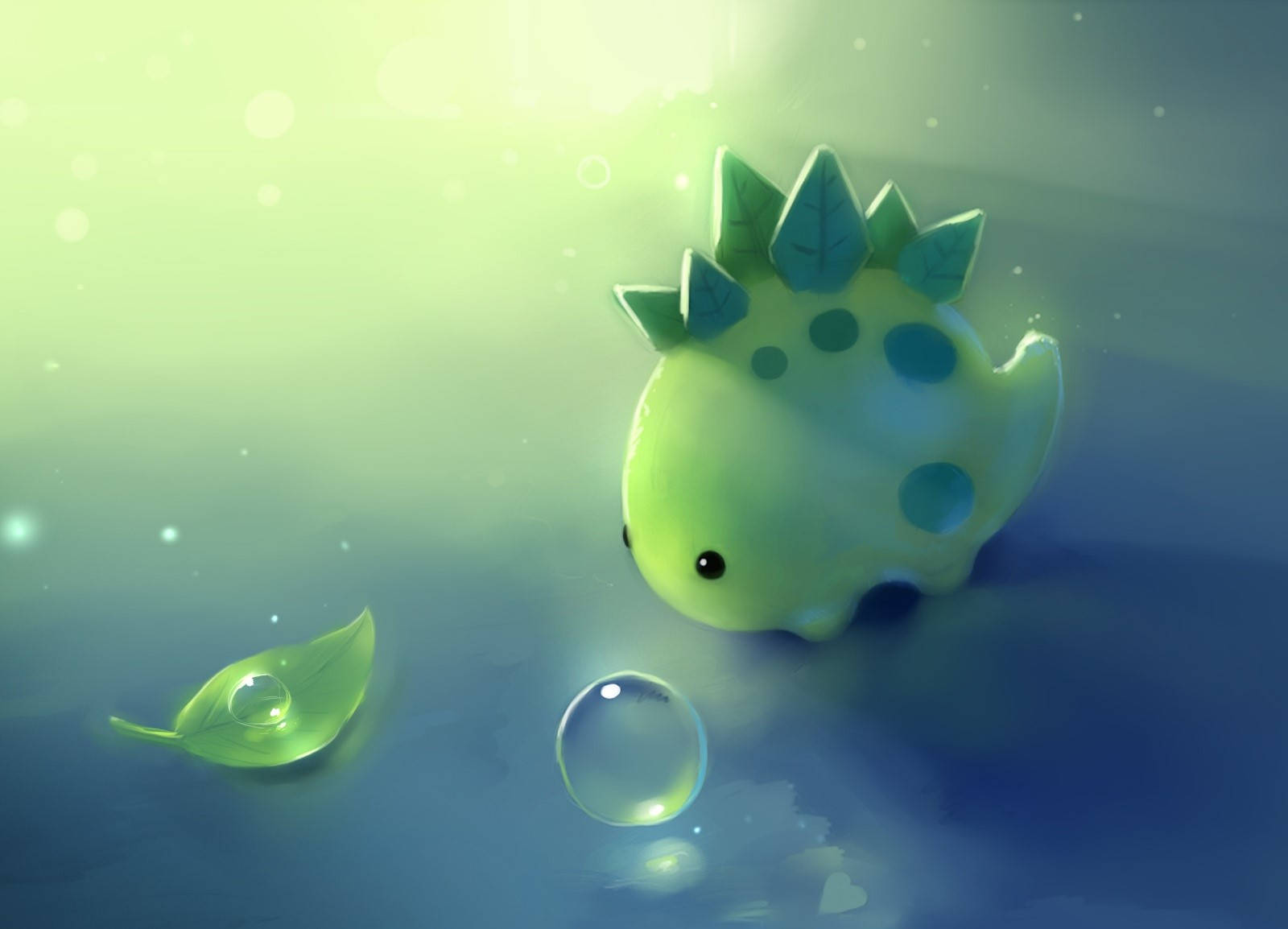 A Green Dinosaur With A Leaf In The Water Background