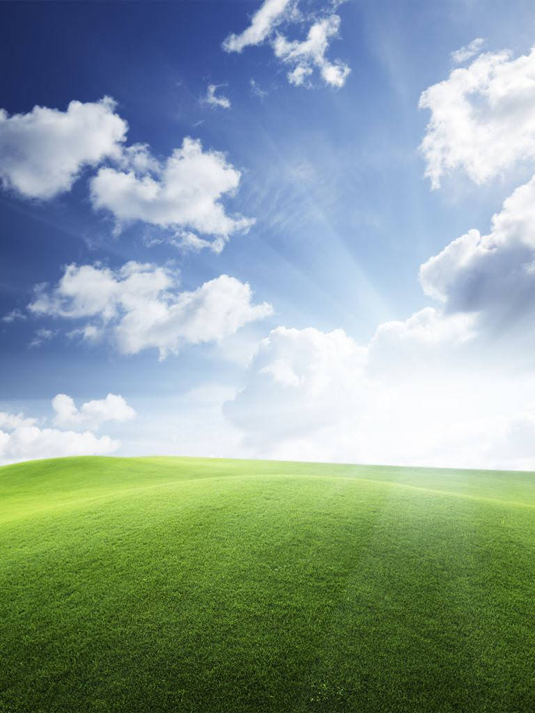 A Green Field With Clouds And Sun Background