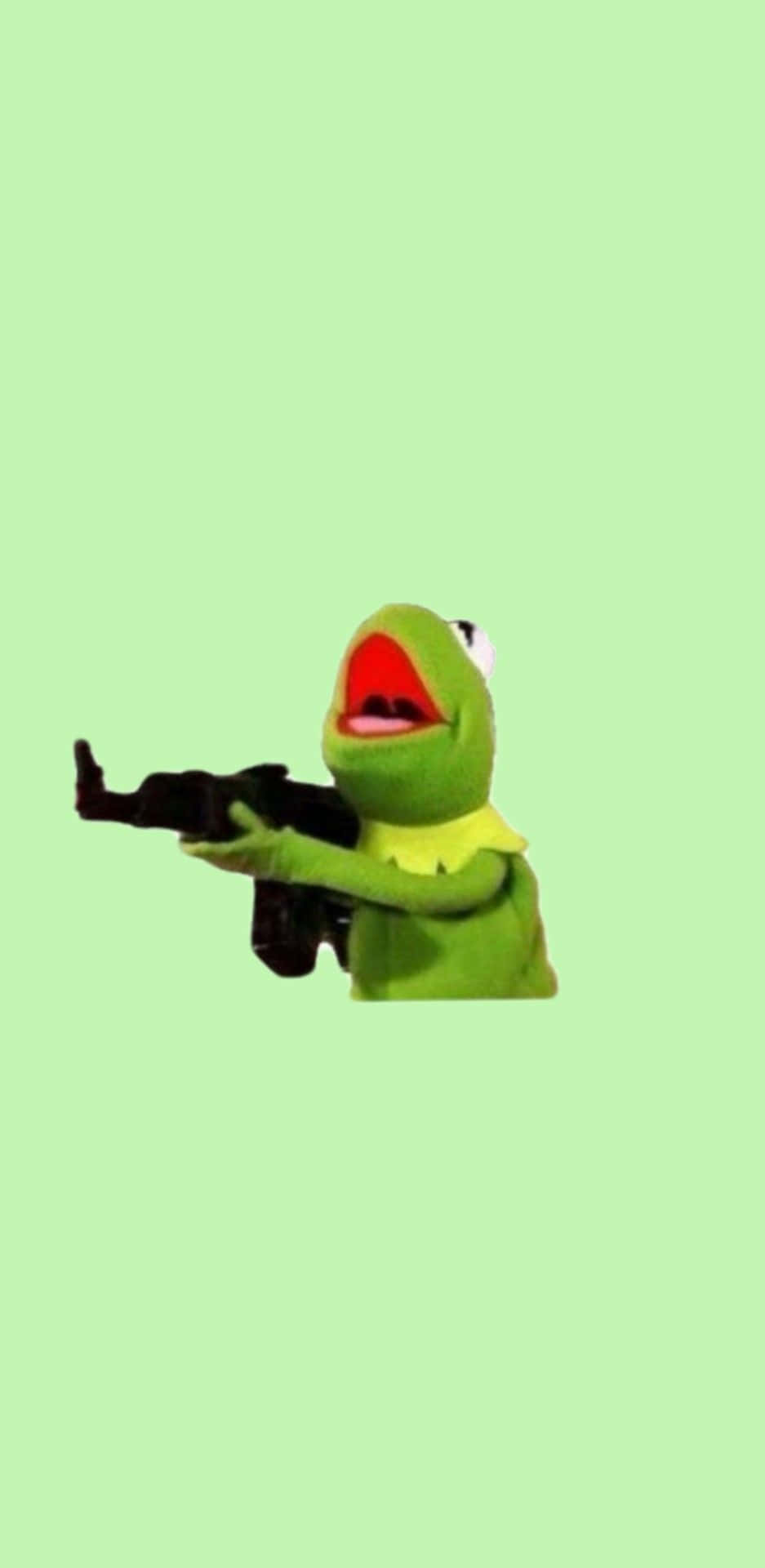 A Green Frog With A Gun Background