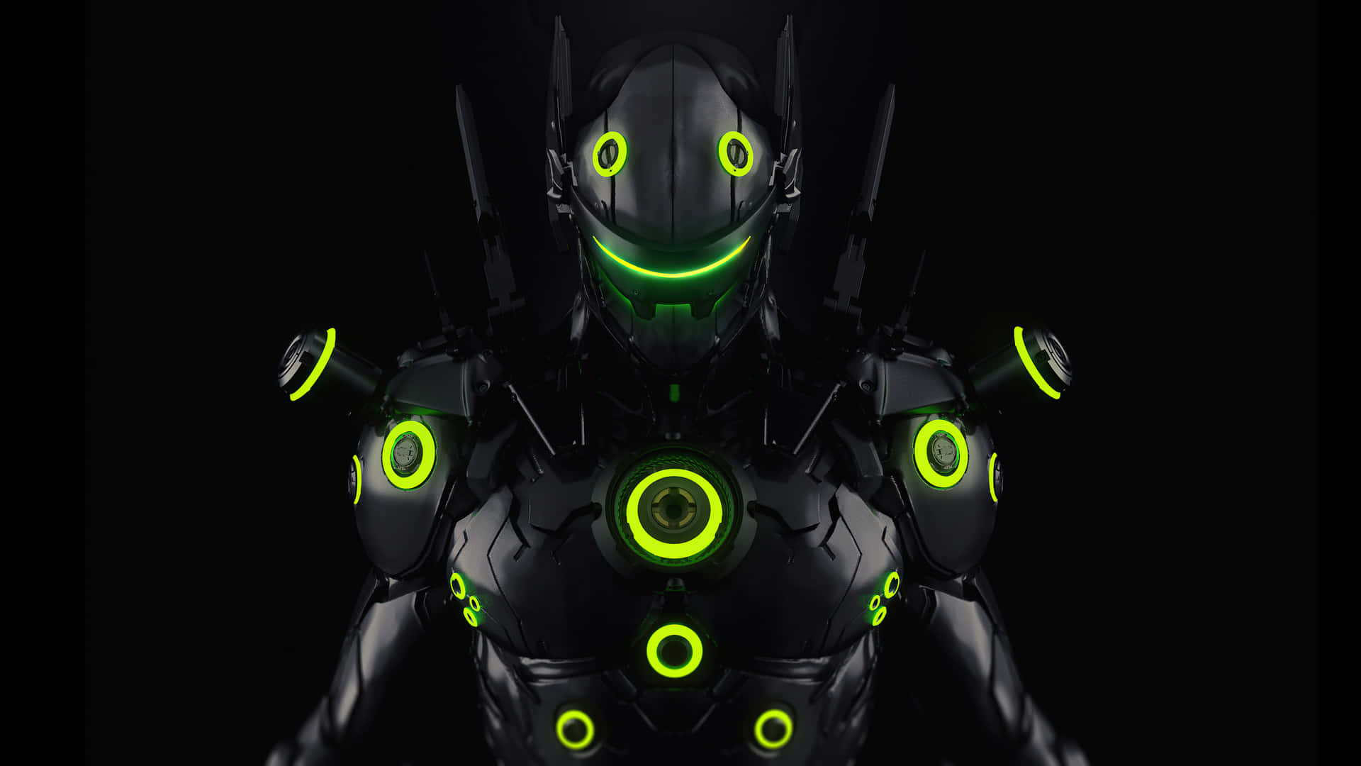 A Green Glowing Robot With Glowing Eyes Background