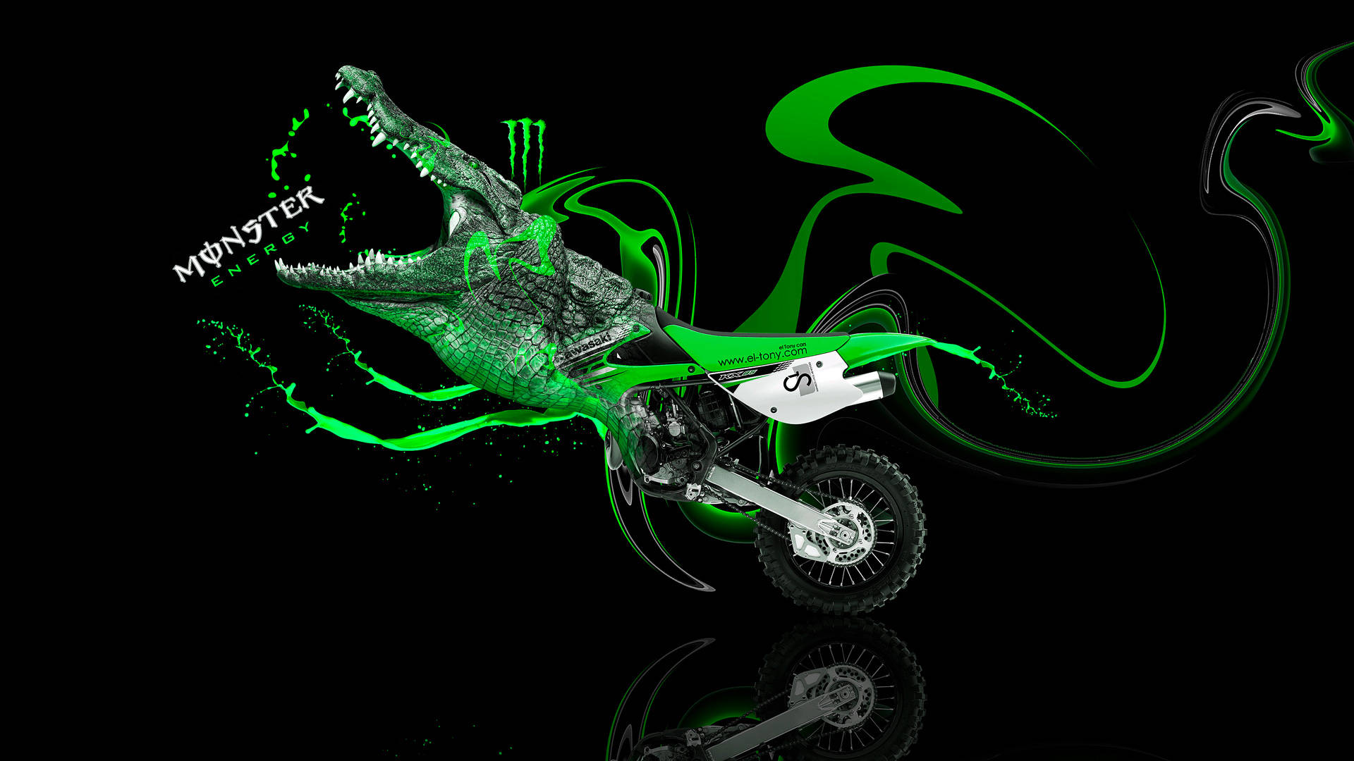 A Green Kawasaki Motocross Bike On A Black Background Background