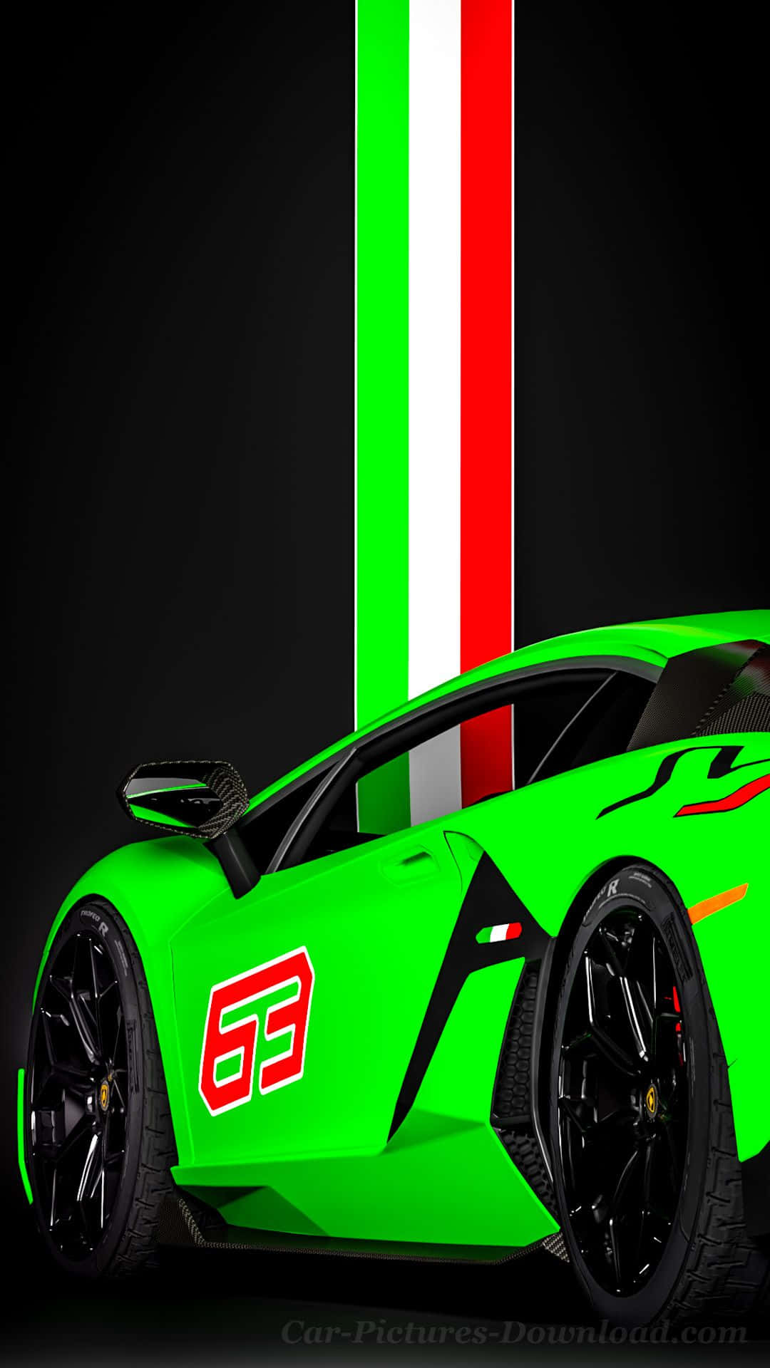 A Green Lamborghini Sports Car With The Italian Flag Background