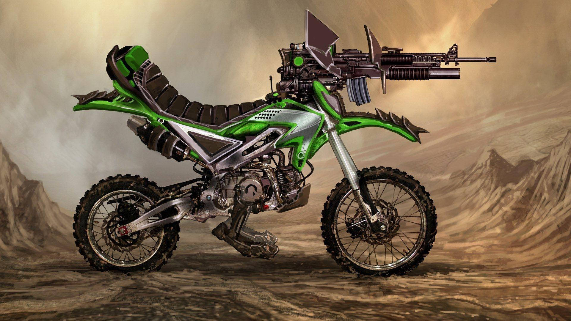 A Green Motorcycle With A Gun On It Background