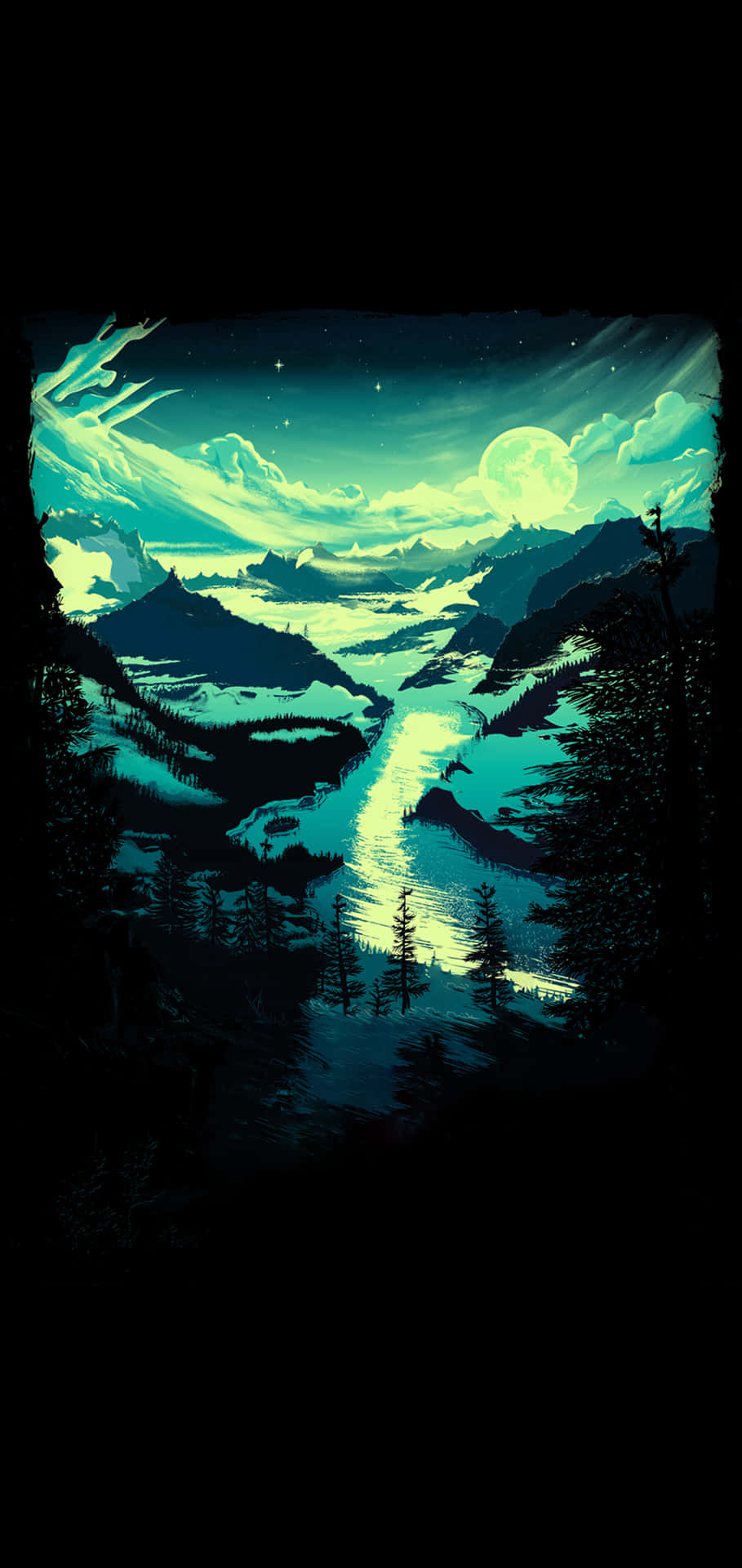 A Green Night Sky With Mountains And A River Background