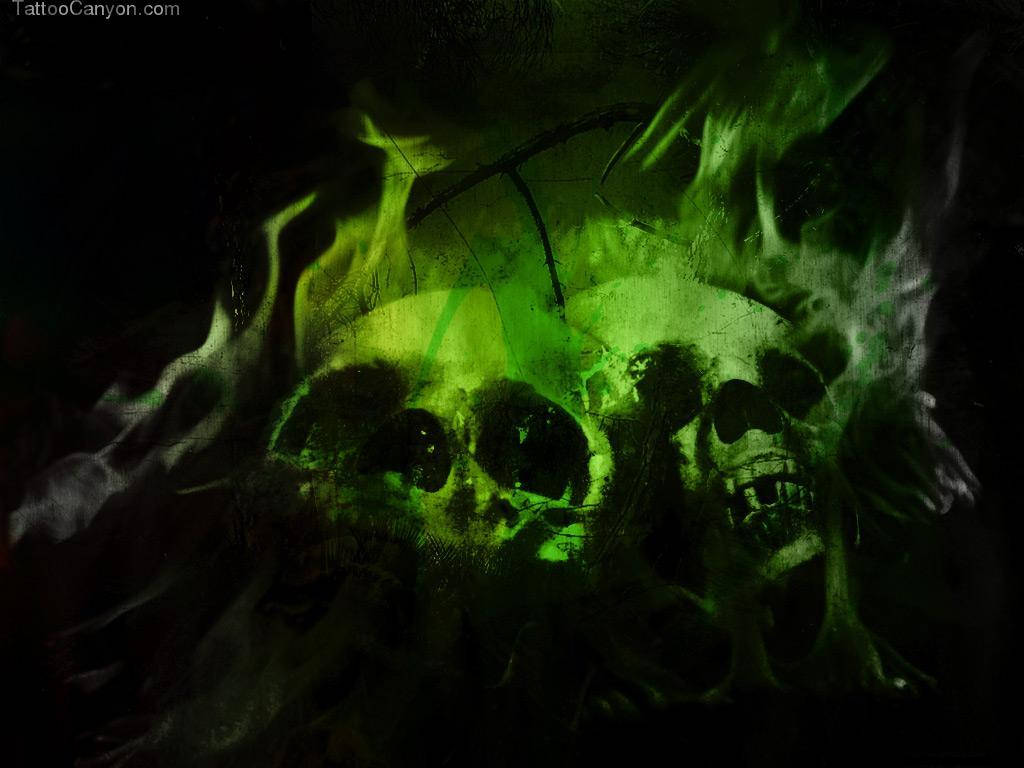 A Green Skull Surrounded By Flames.