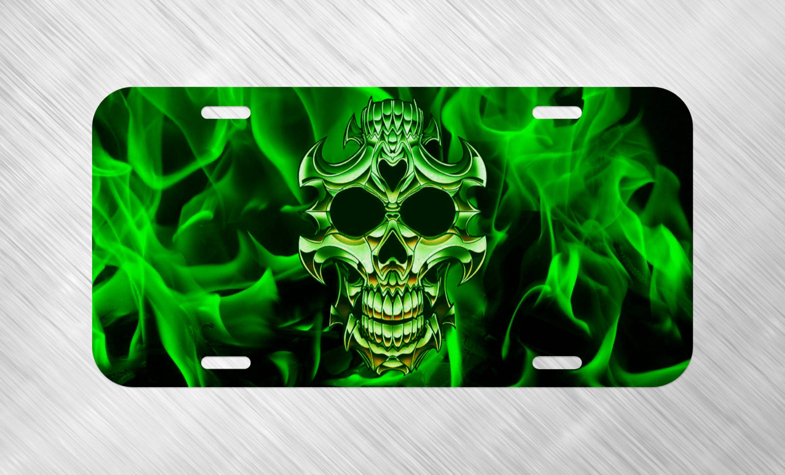 A Green Skull With Flames On A Black Background Background