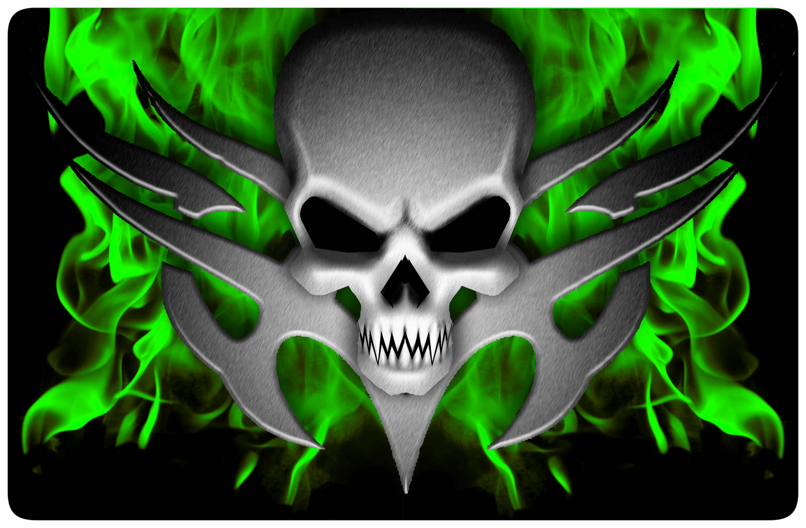 A Green Skull With Green Flames On A Black Background Background