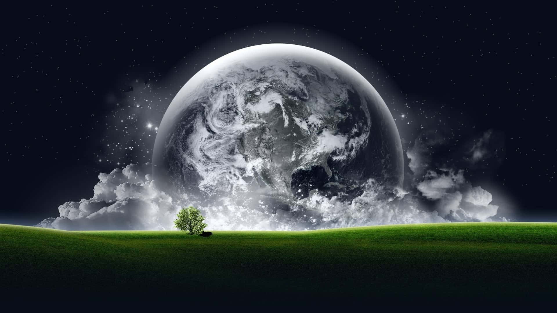 A Green Tree And A Planet In The Sky Background