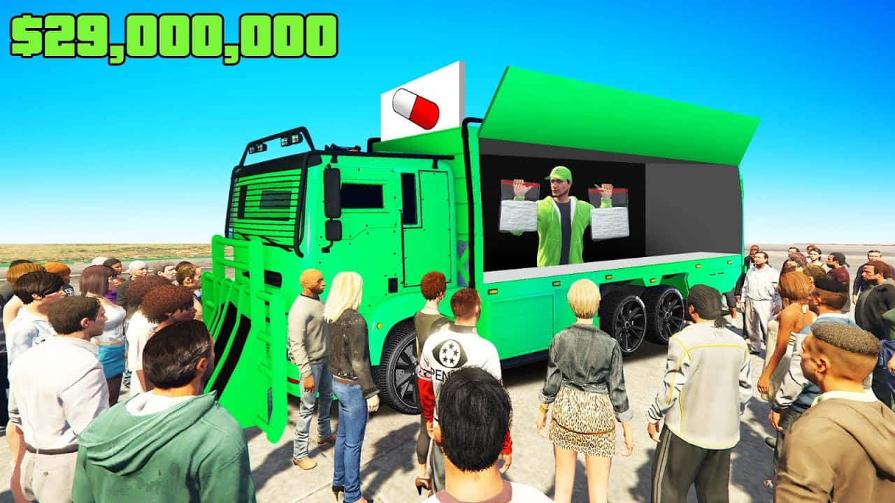 A Green Truck With People Standing Around It Background