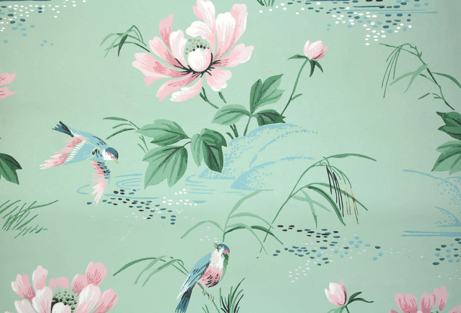 A Green Wallpaper With Pink Flowers And Birds Background