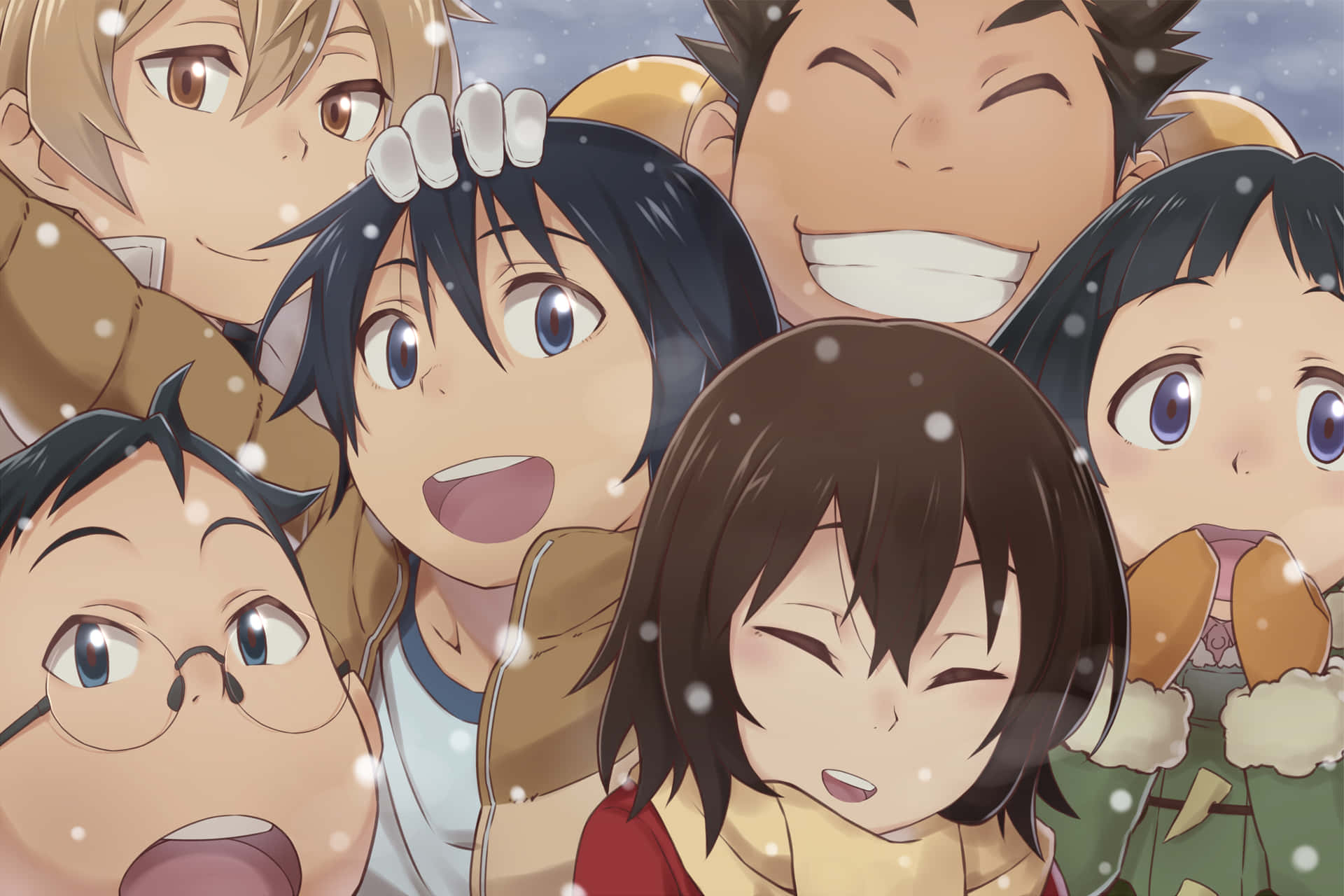 A Group Of Anime Characters Are Smiling In The Snow Background