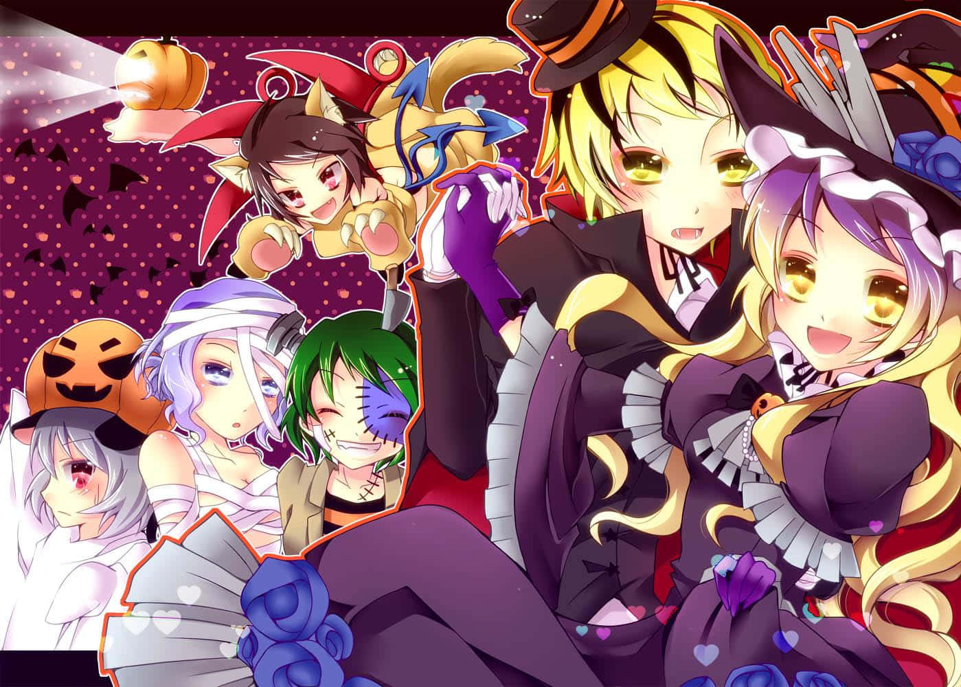 A Group Of Anime Characters Dressed Up For Halloween Background