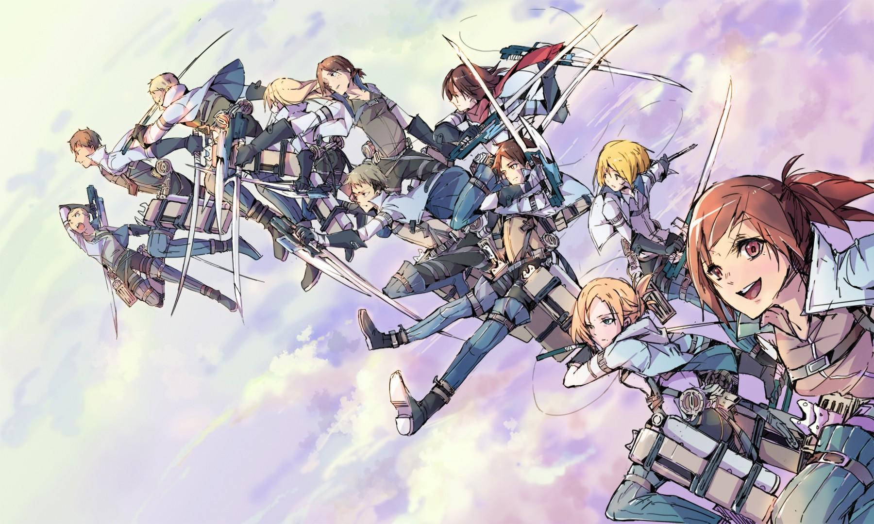 A Group Of Anime Characters Flying In The Air Background