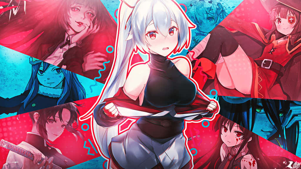 A Group Of Anime Characters In A Red And Blue Background