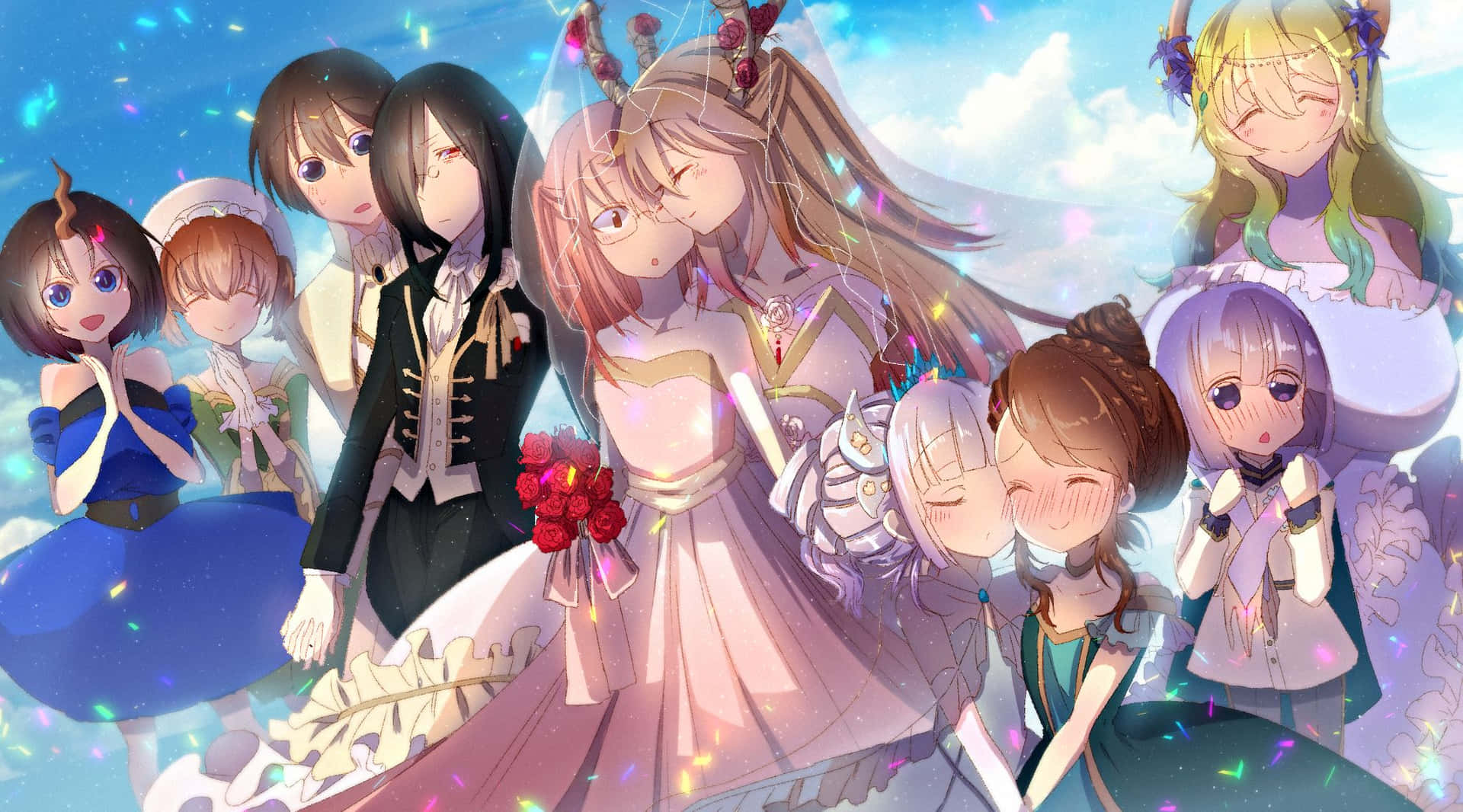 A Group Of Anime Characters In A Wedding Dress Background