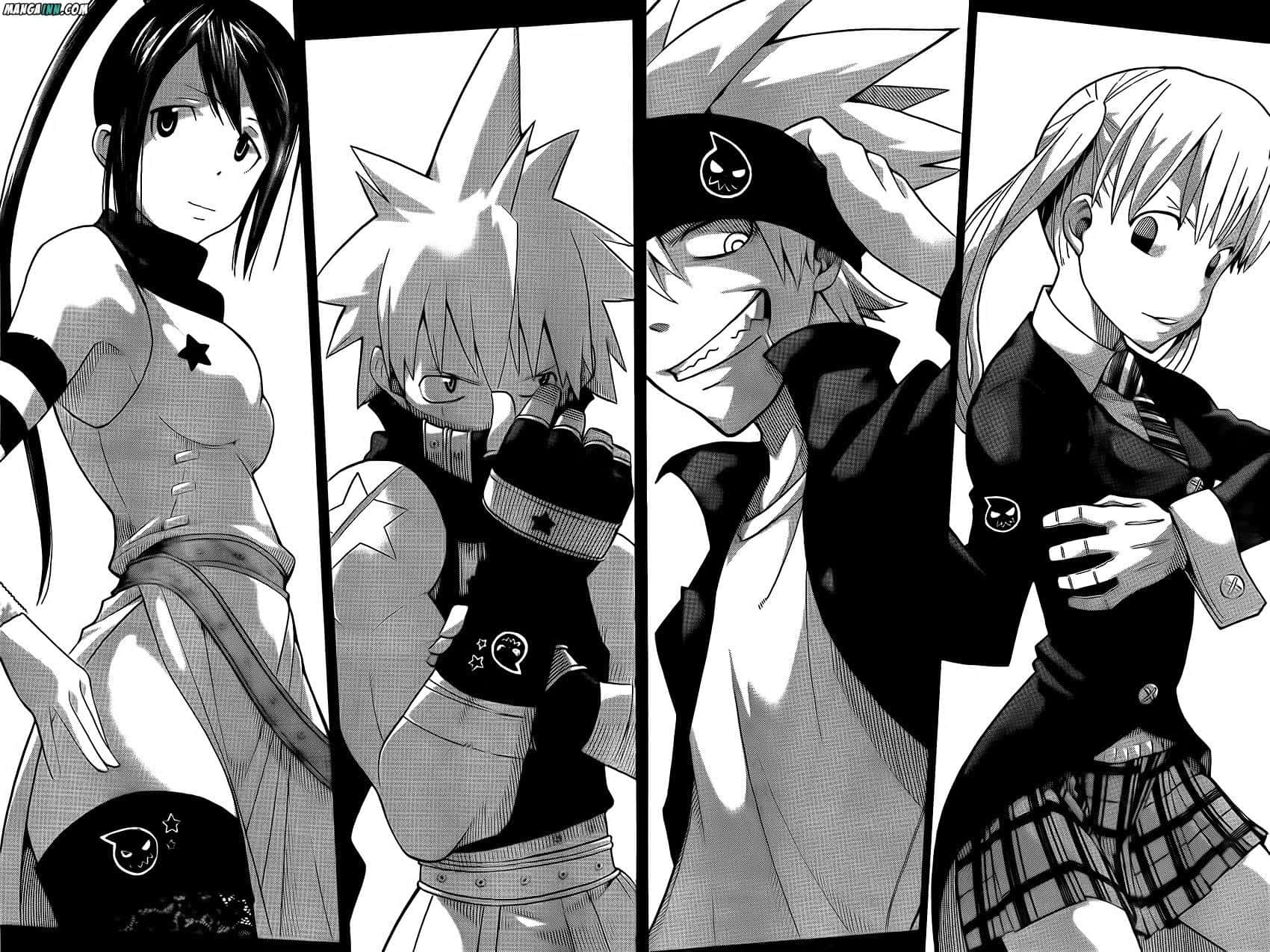A Group Of Anime Characters In Black And White Background