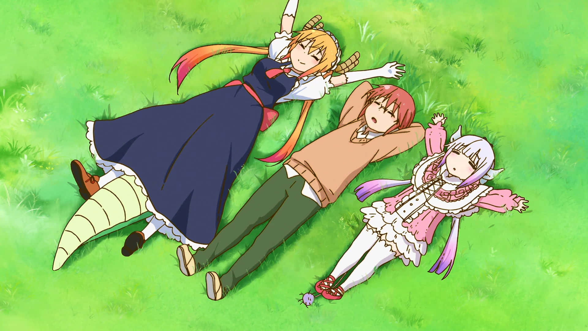 A Group Of Anime Characters Laying On The Grass Background