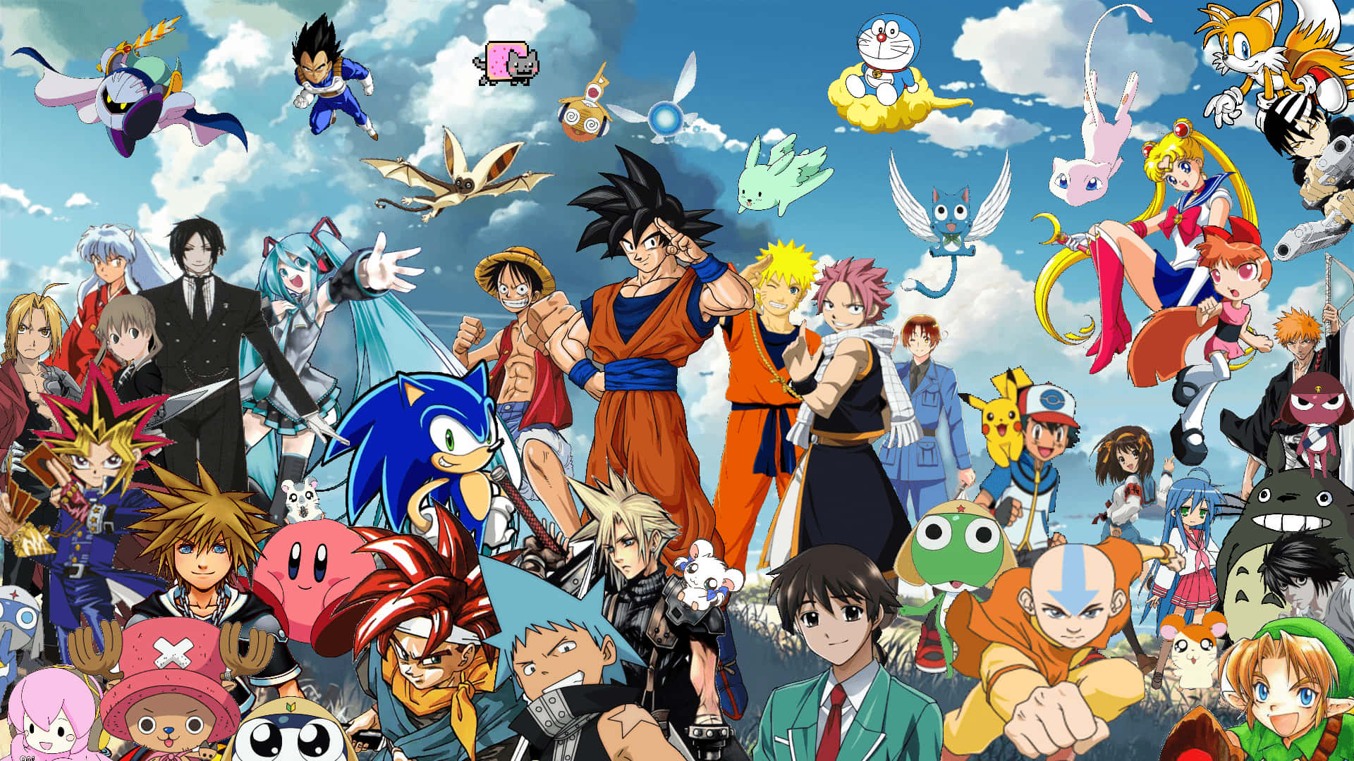 A Group Of Anime Characters Posing In Front Of A Cloud Background