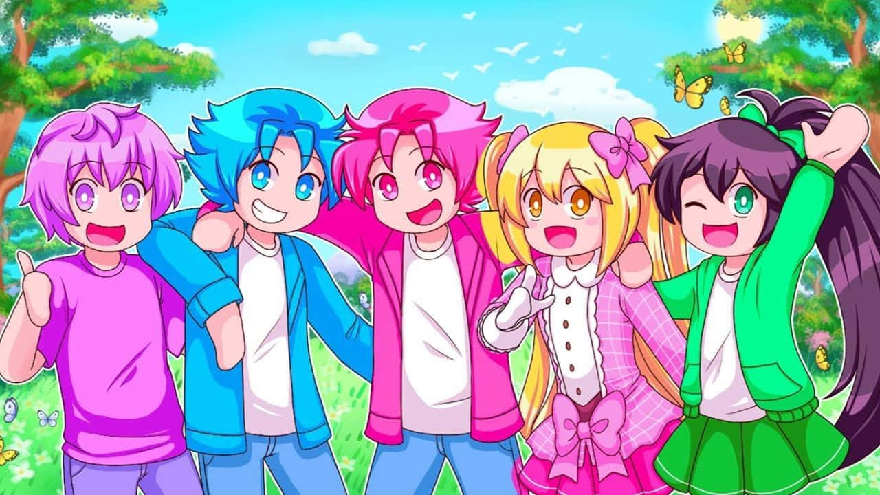 A Group Of Anime Characters Standing In A Field Background