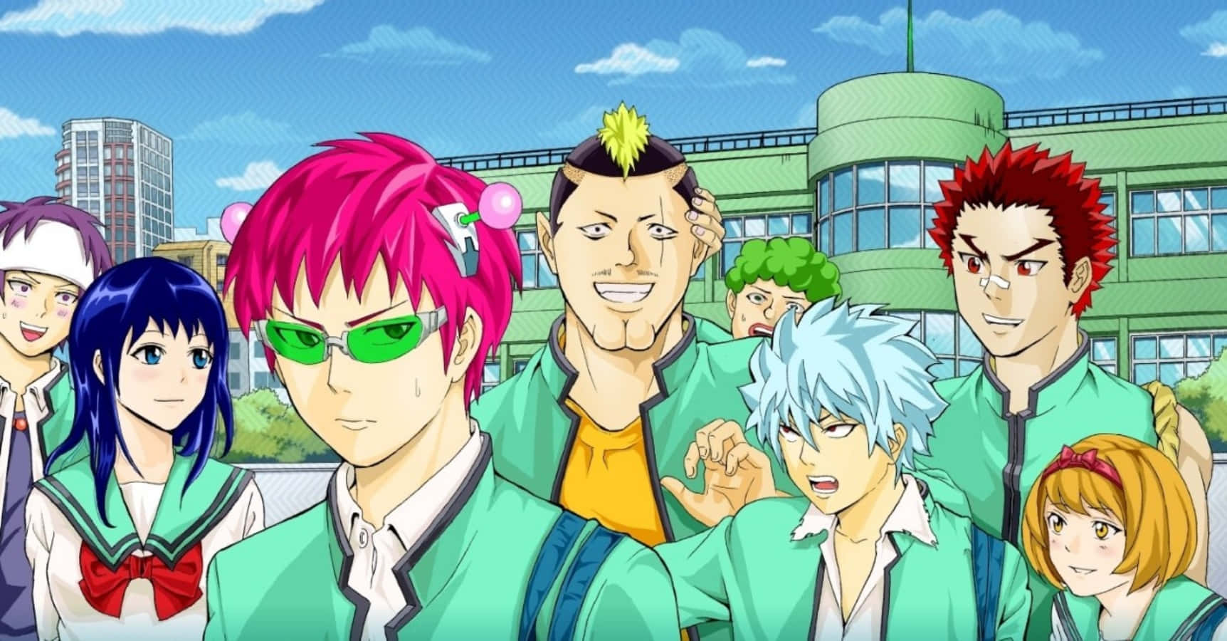 A Group Of Anime Characters Standing In Front Of A Building Background