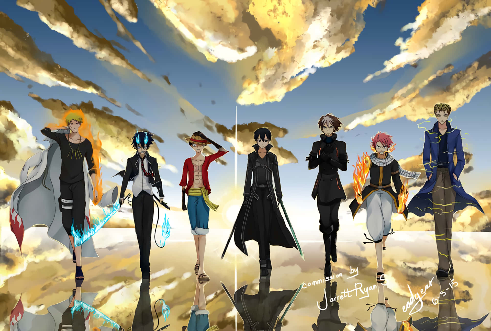 A Group Of Anime Characters Standing In Front Of A Cloudy Sky