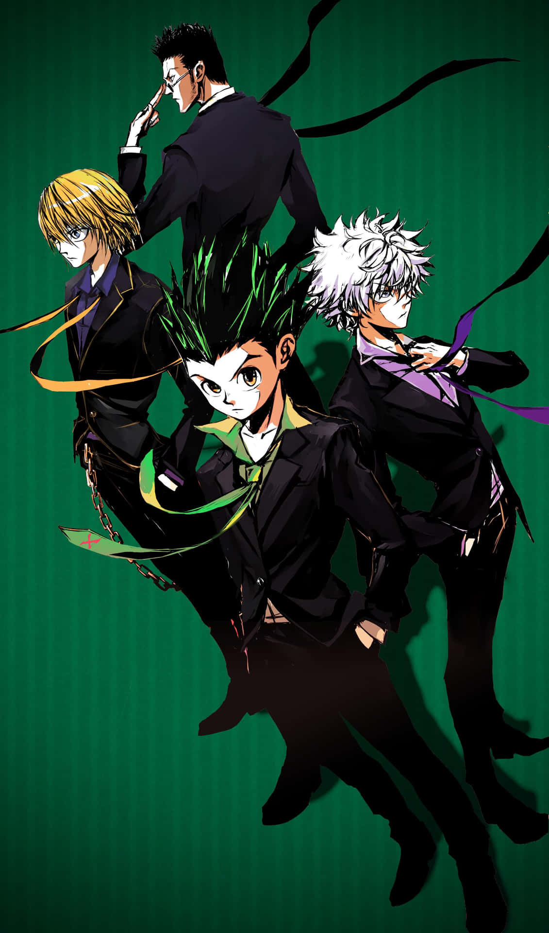A Group Of Anime Characters Standing In Front Of A Green Background