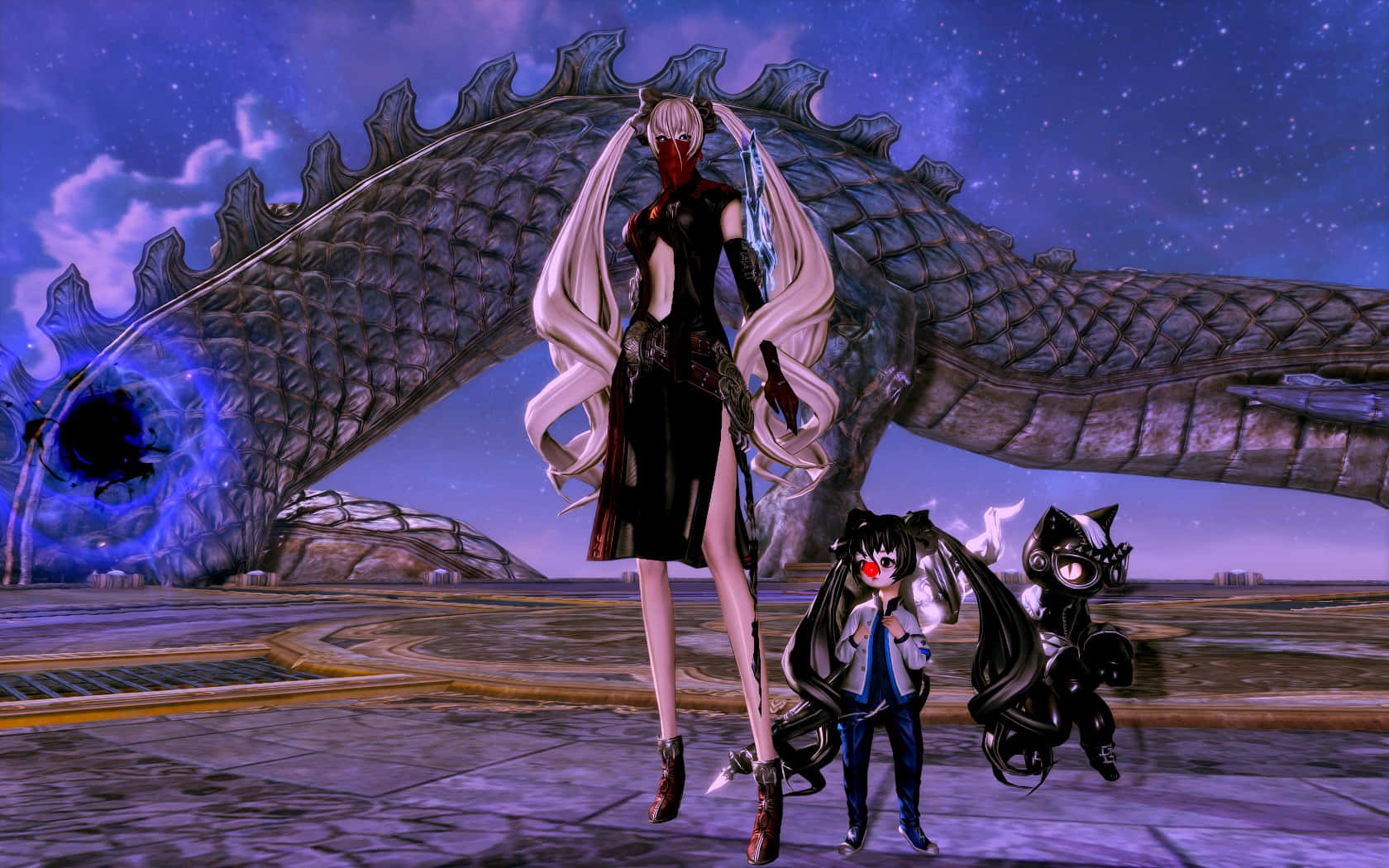 A Group Of Anime Characters Standing In Front Of A Large Dragon Background