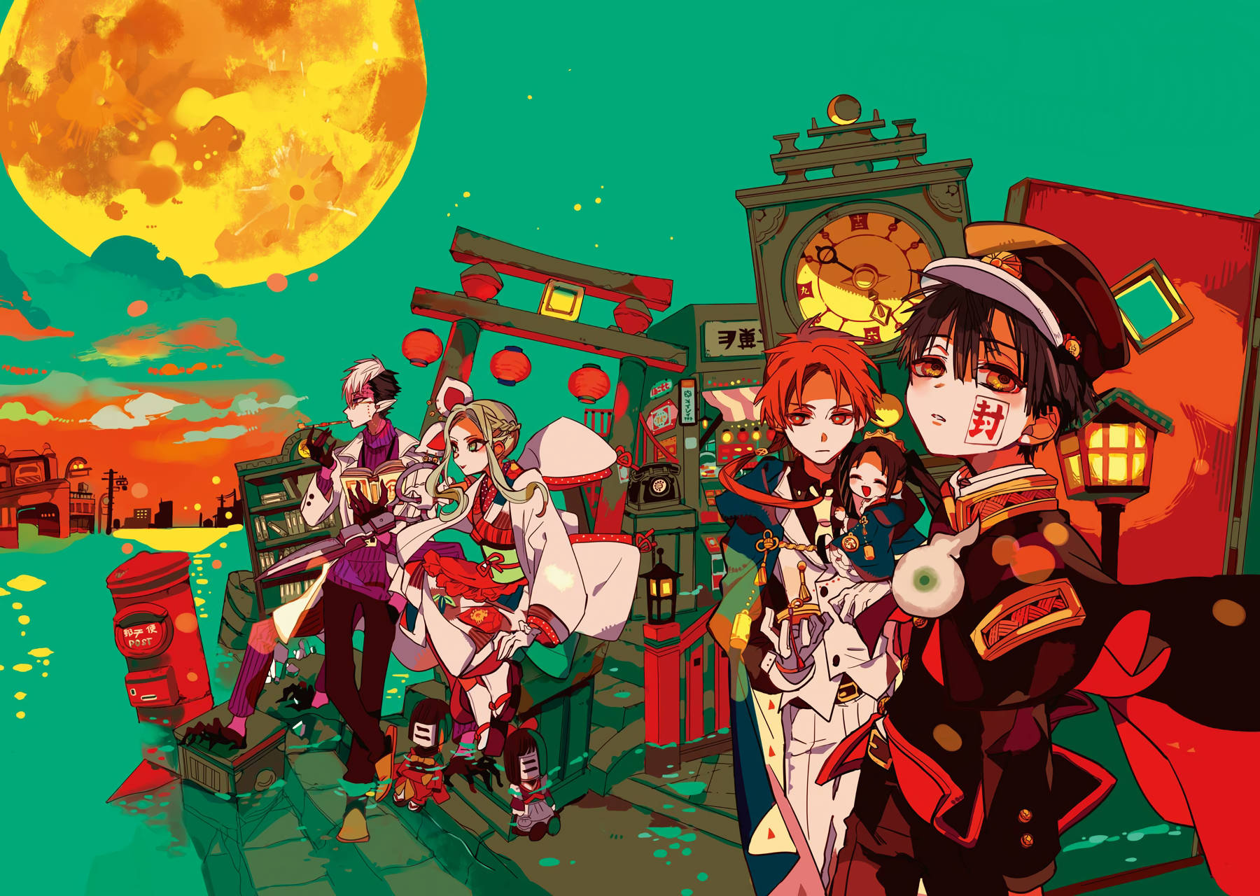 A Group Of Anime Characters Standing In Front Of A Moon