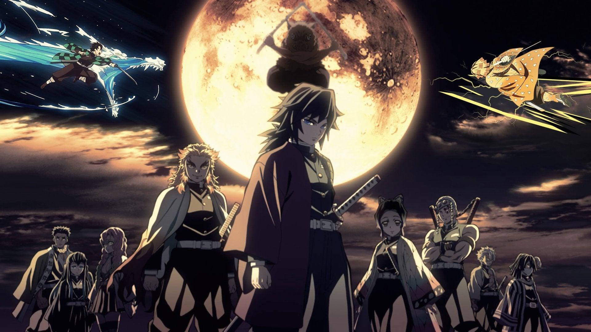 A Group Of Anime Characters Standing In Front Of A Moon Background