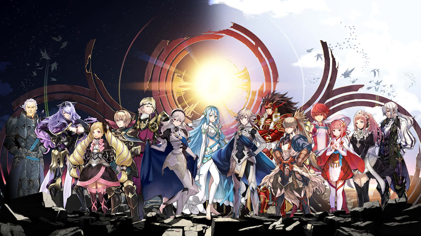 A Group Of Anime Characters Standing In Front Of A Sun Background