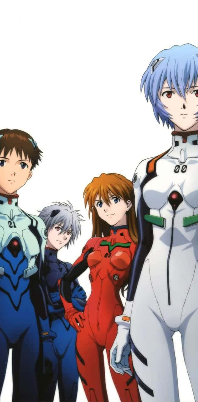 A Group Of Anime Characters Standing In Front Of A White Background Background