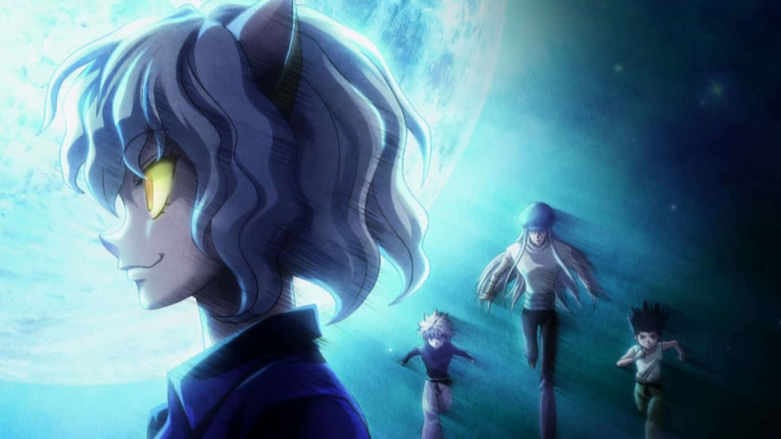 A Group Of Anime Characters Standing In Front Of The Moon Background