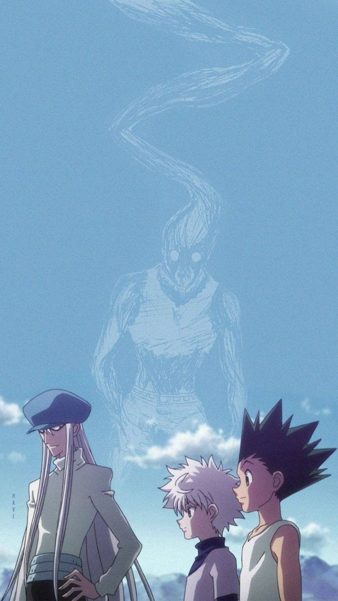 A Group Of Anime Characters Standing In The Sky