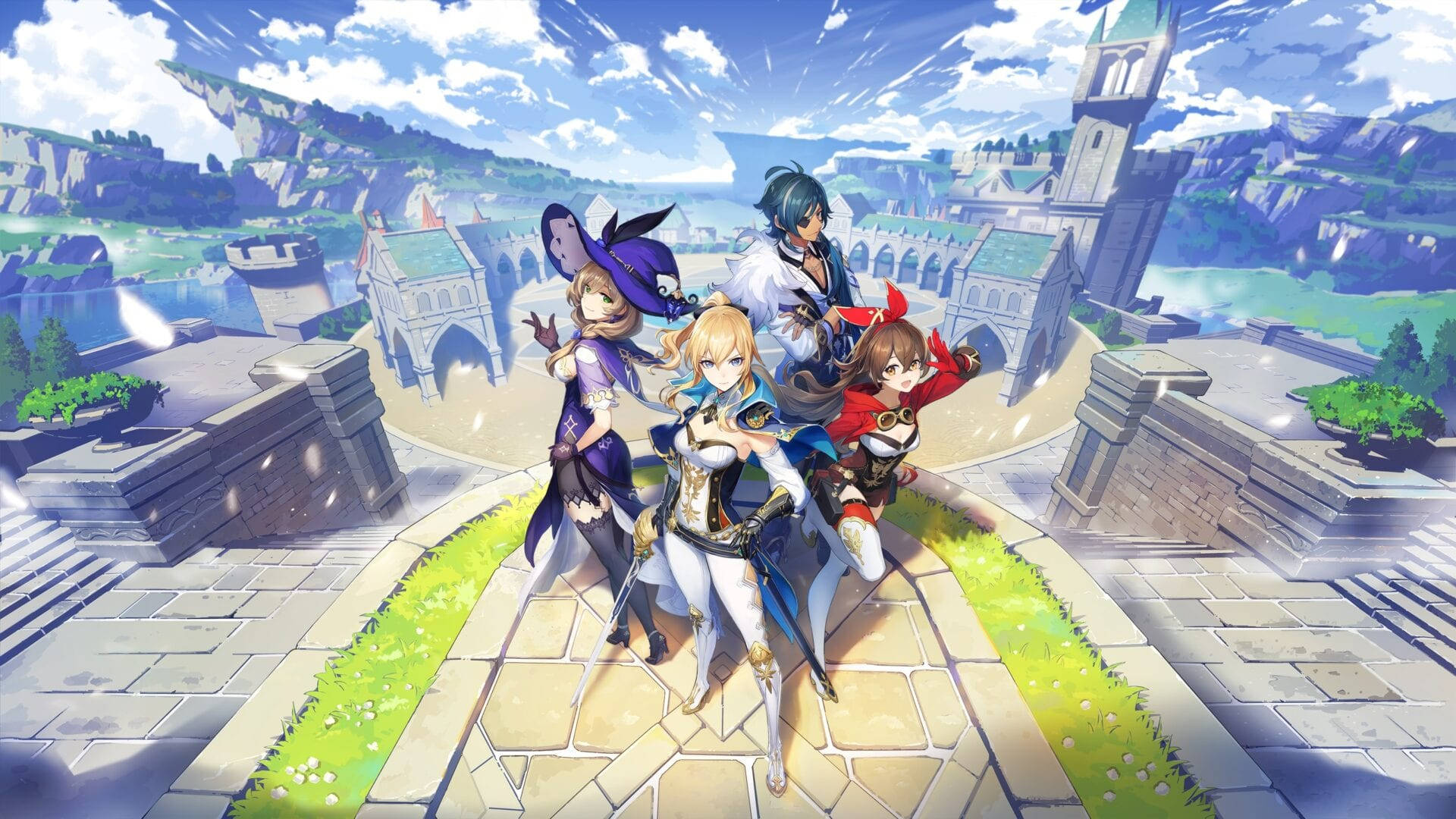 A Group Of Anime Characters Standing On A Castle Background