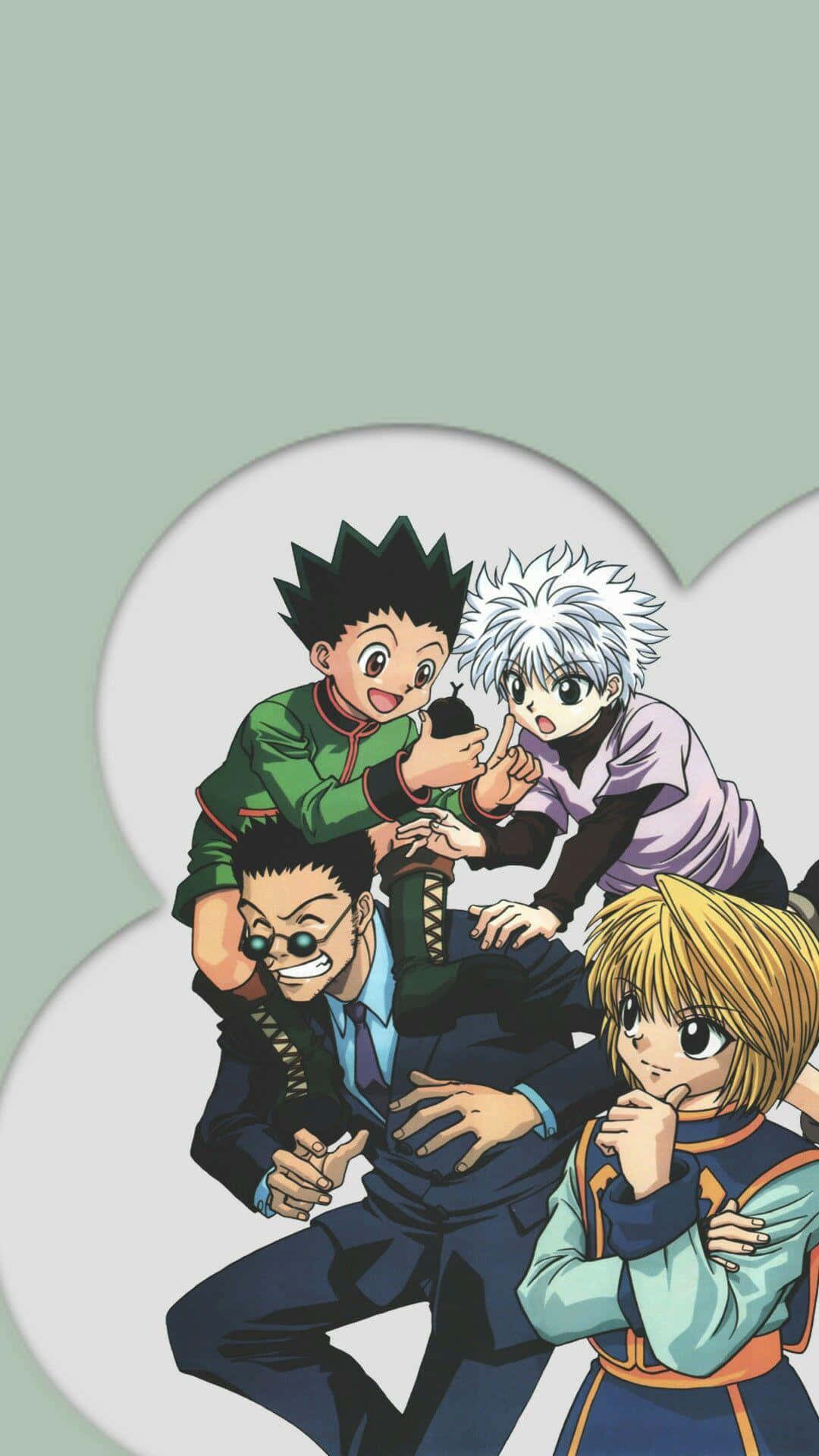 A Group Of Anime Characters Standing On A Cloud Background