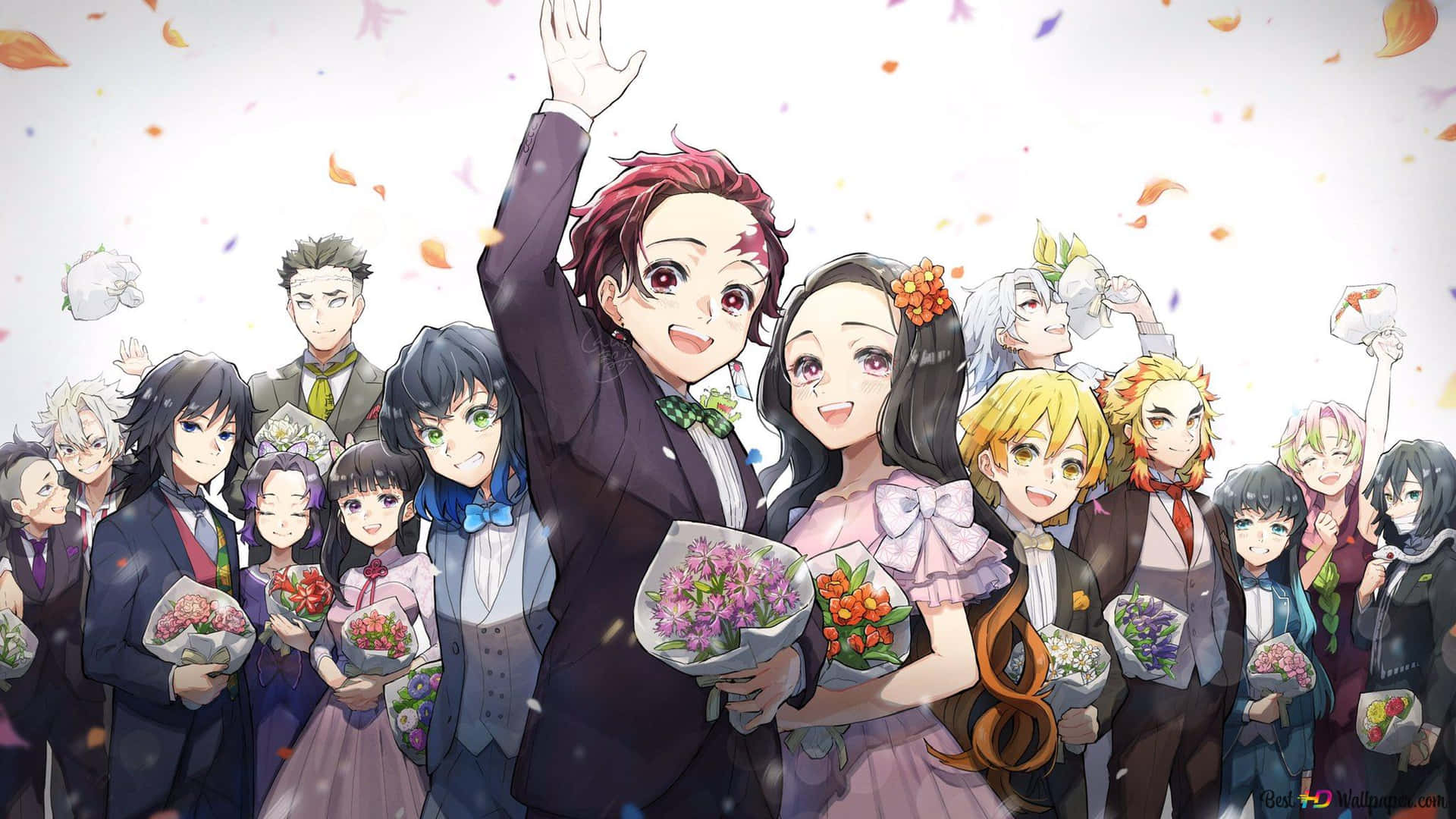 A Group Of Anime Characters With Flowers In Their Hands Background