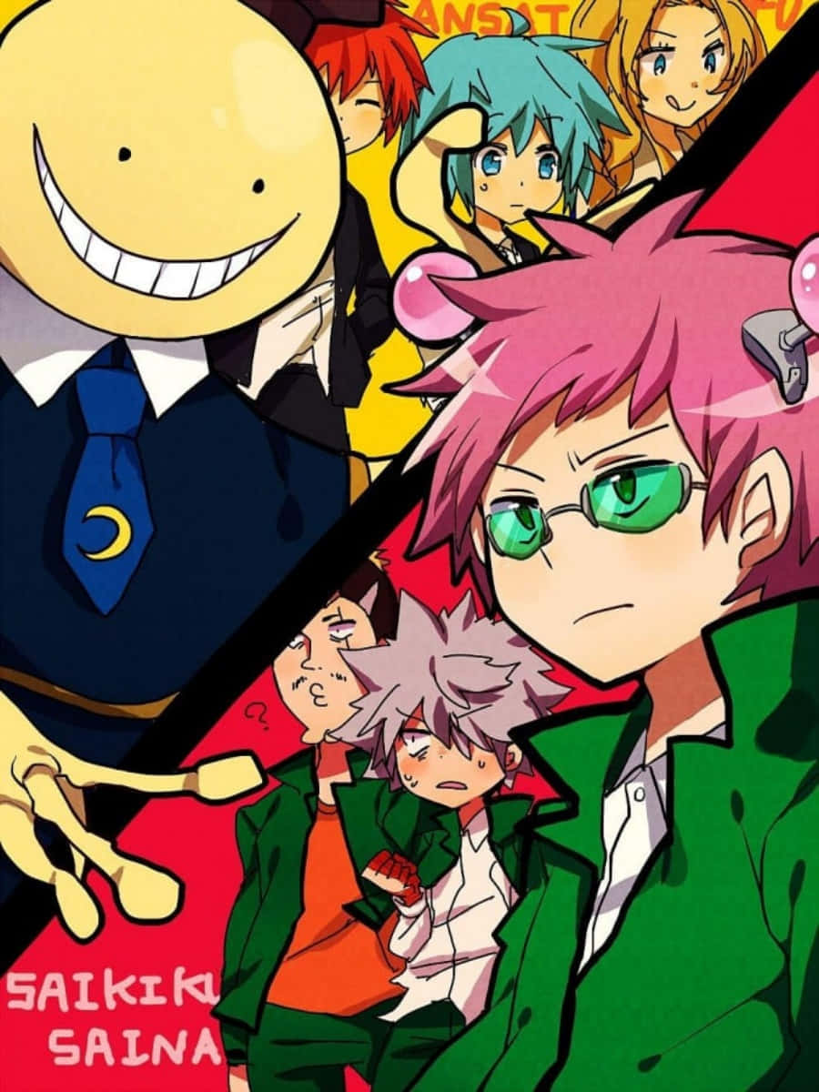 A Group Of Anime Characters With Green Hair And Glasses Background