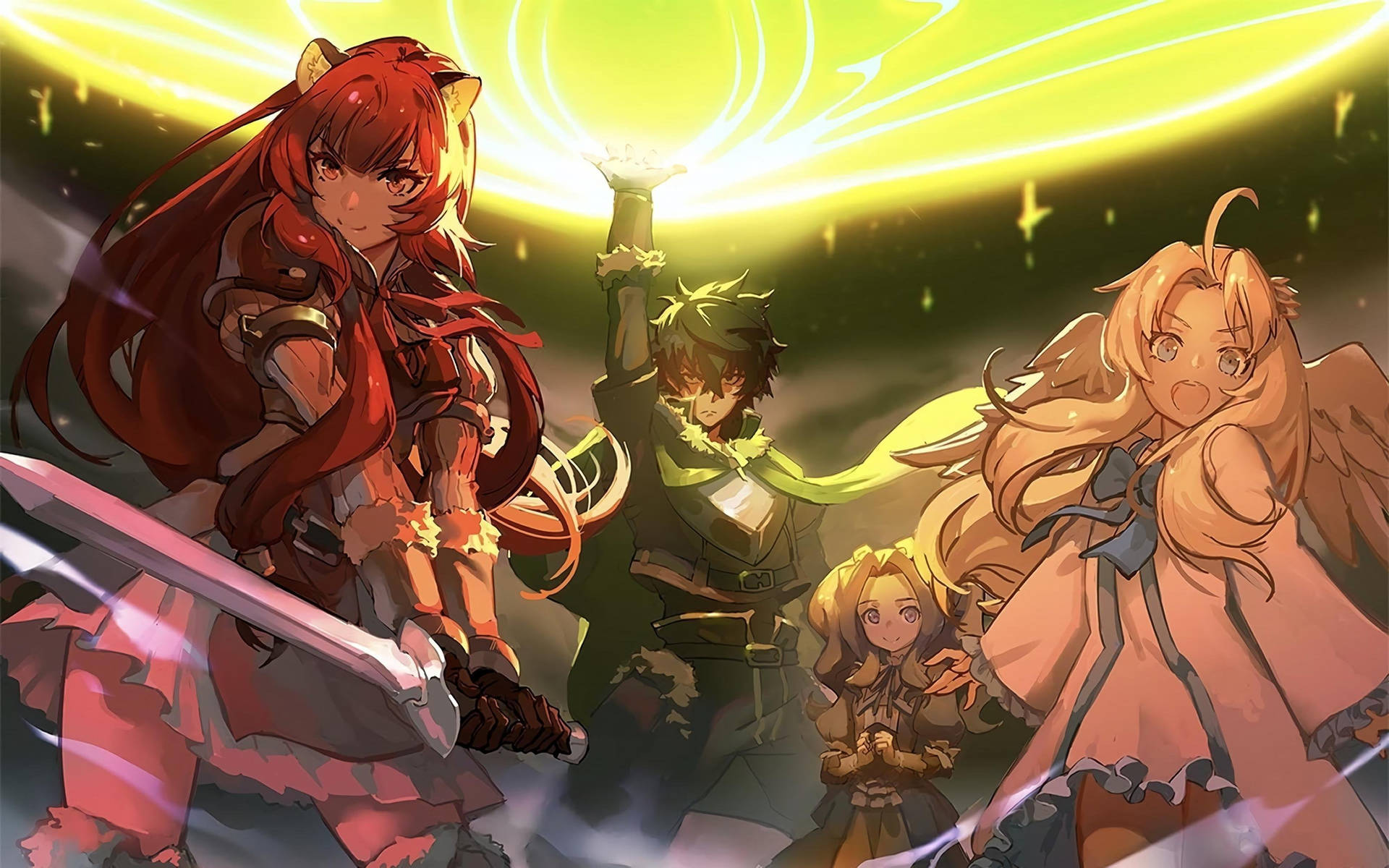 A Group Of Anime Characters With Swords And A Green Light