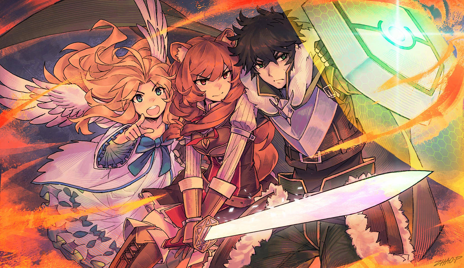 A Group Of Anime Characters With Swords And Wings