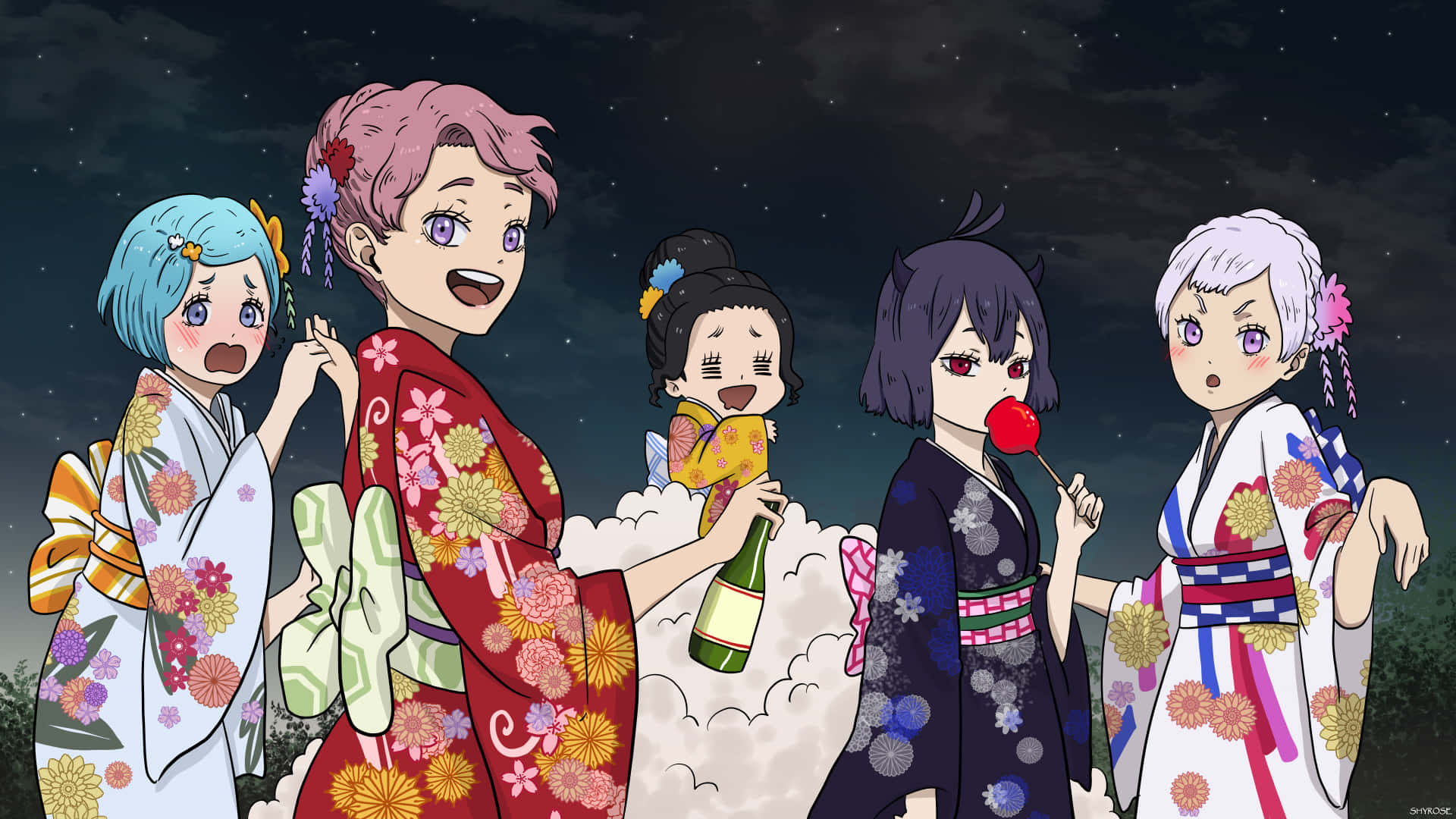 A Group Of Anime Girls In Kimono Standing In The Night
