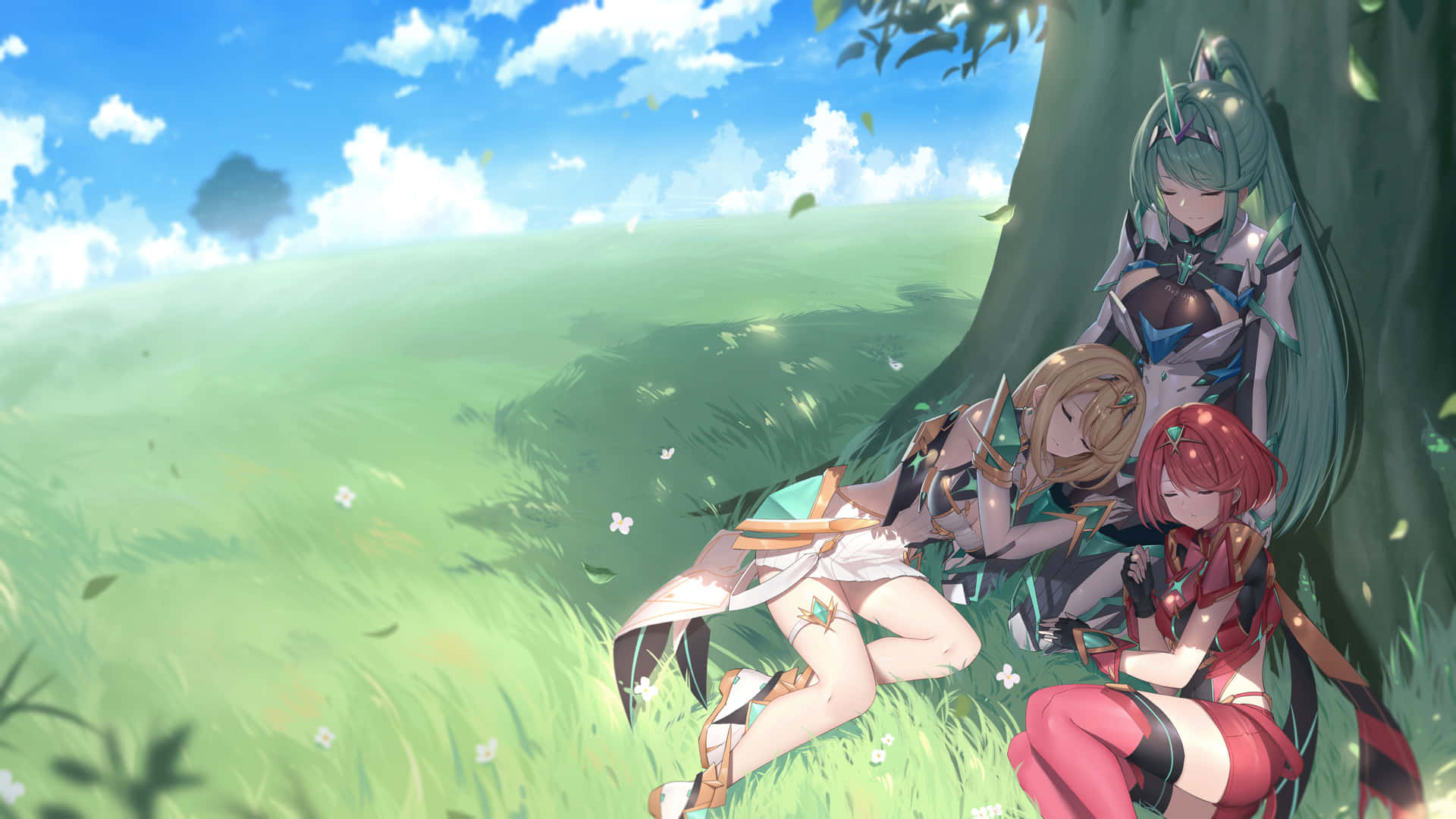 A Group Of Anime Girls Sitting Under A Tree Background