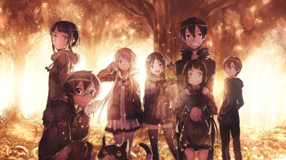 A Group Of Anime Girls Standing In The Forest Background