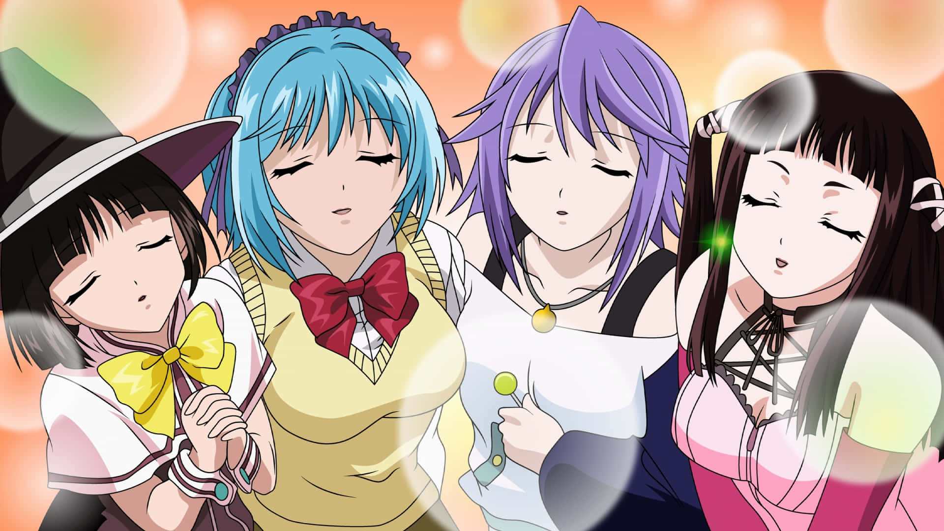 A Group Of Anime Girls With Bubbles In Their Hair Background