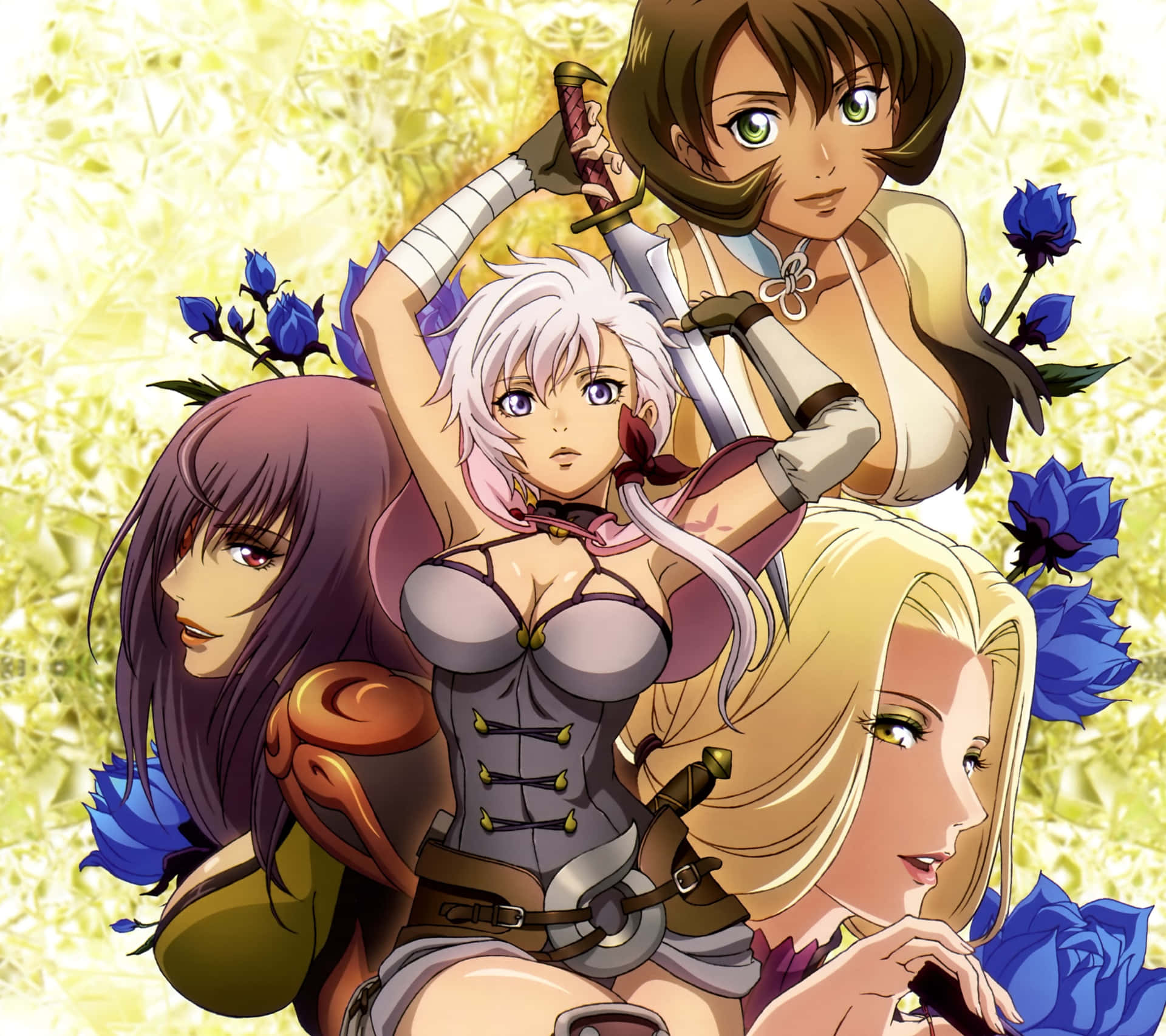 A Group Of Anime Girls With Swords And Flowers