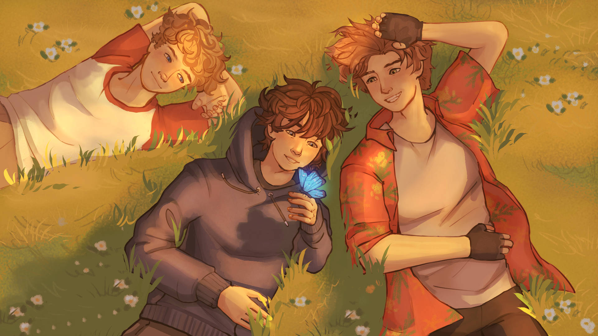 A Group Of Boys Laying In The Grass Background