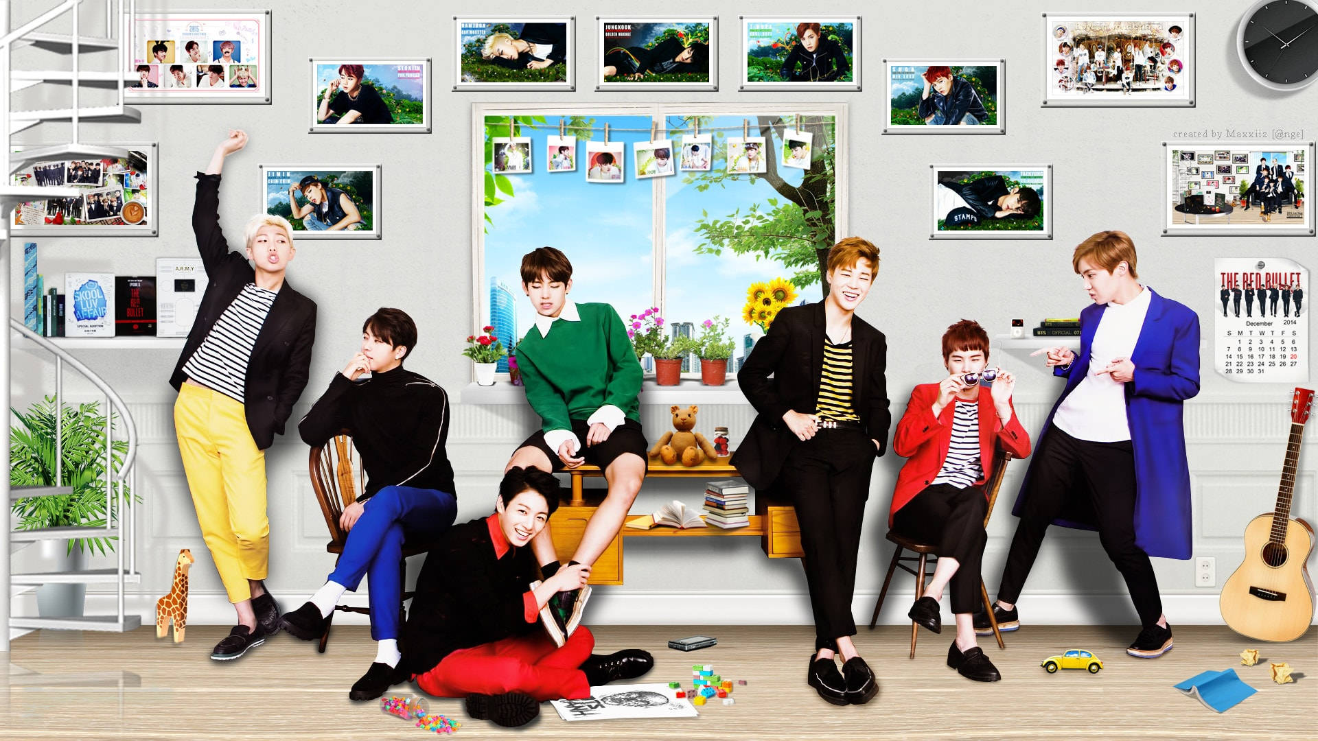 A Group Of Boys Sitting In A Room With Pictures Background
