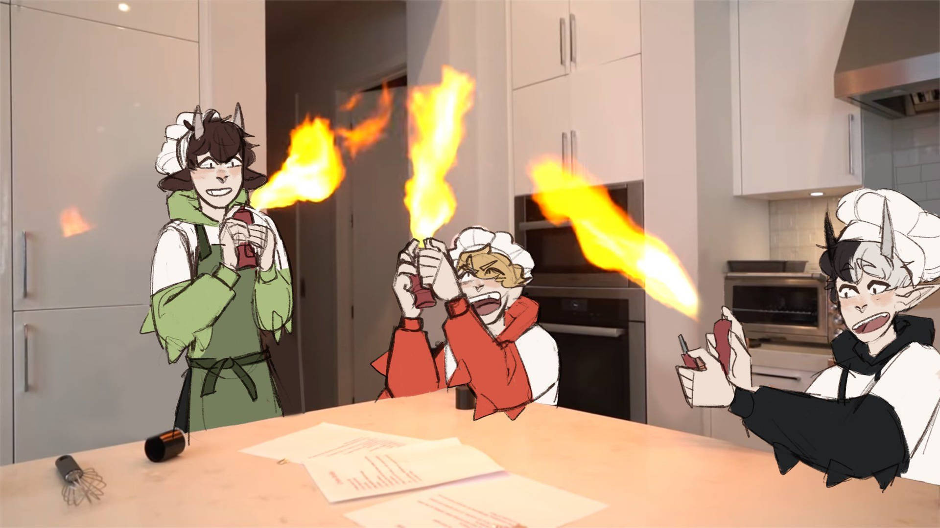 A Group Of Cartoon Characters Are Holding Fire Tongs Background